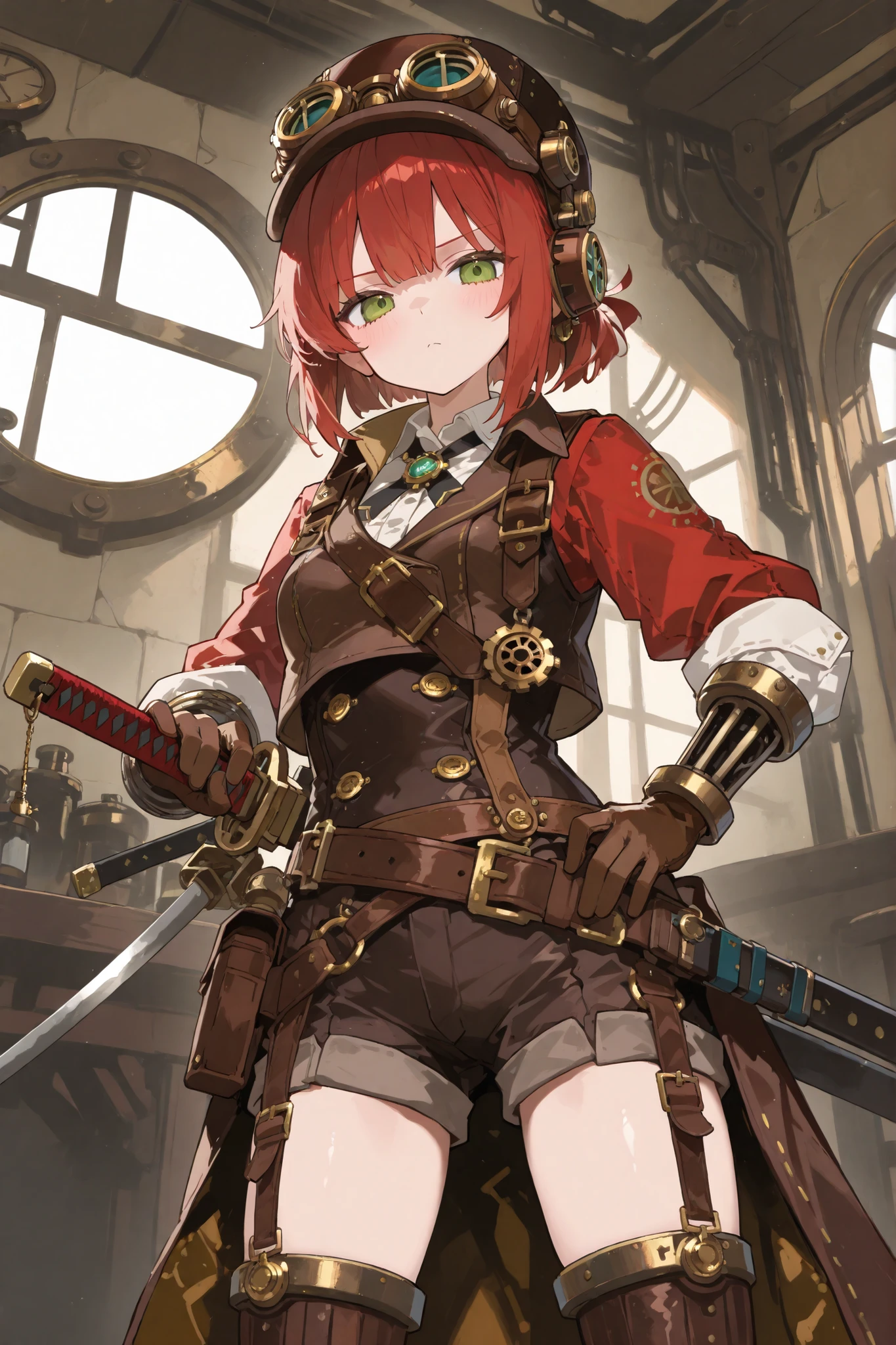 steampunk engineer,Japanese sword large sword,Appraising swords