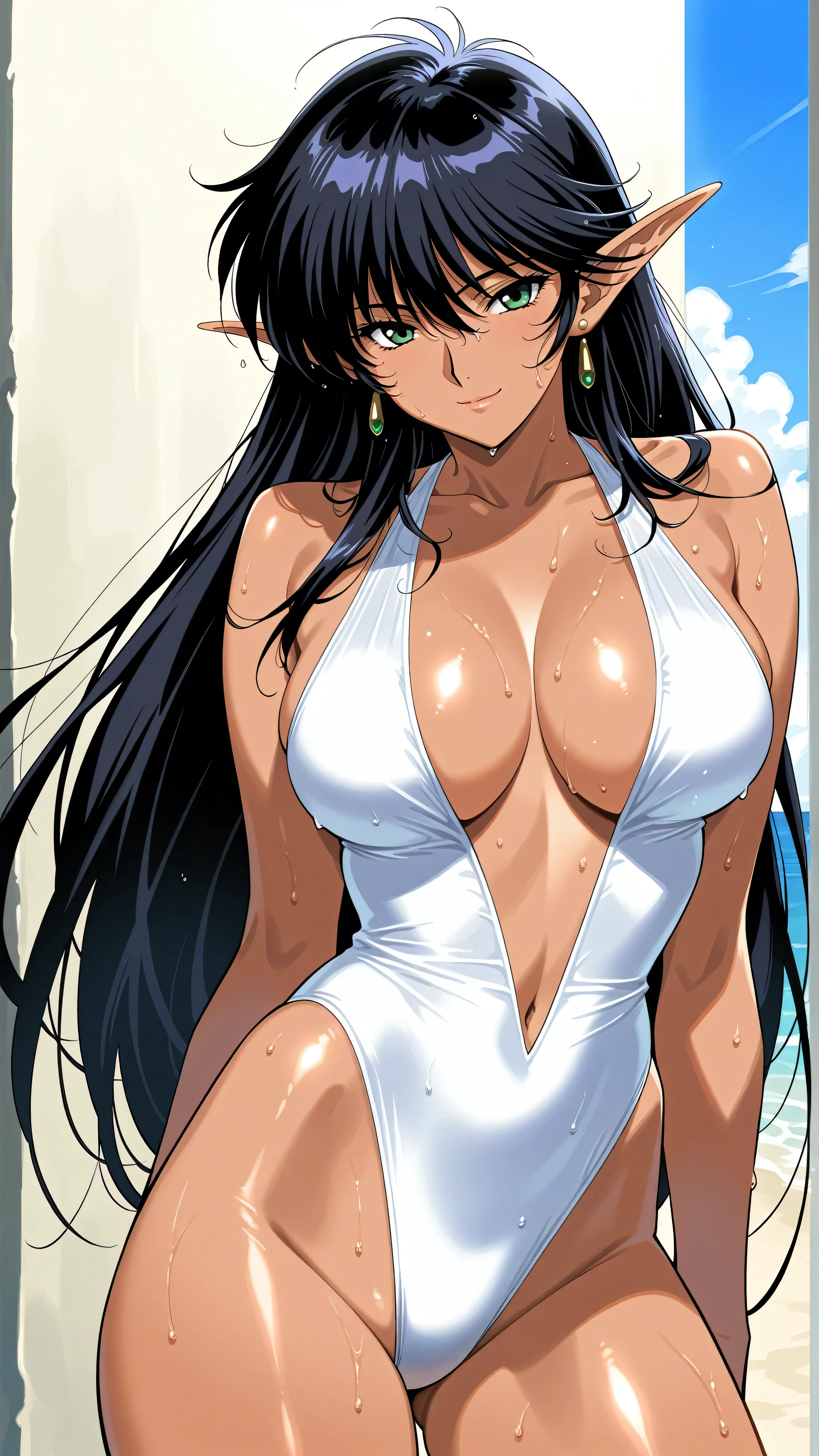 mature female, milf, motherly,arshes_nei,pinup, ayukawa madoka,score_9, score_8_ up the side, score_7_ up the side, score_6_ up the side, score_5_ up the side, score_4_ up the side,(cowboy shot:1.4),manga coloring, source manga,light smile,(masterpiece:1.4),solo,Sandy Beach,blue sky,outdoor,(slender:1.4),slim,(slender waist:1.3),slender face,tsurime,young female,elf, (dark elf:1.4),pointy ears, green eyes, black hair, bangs,long straight hair,big hair, ,large breasts, center opening, navel, (dark-skinned female:1.4),shine skin ,thick thighs,,BASTARD_V1,(messy hair:0.7),, 1girl, pointy ears, collarbone,,, black hair, jewelry, cleavage, earrings, bare shoulders, (white highleg one-piece swimsuit:1.4),wet, ,