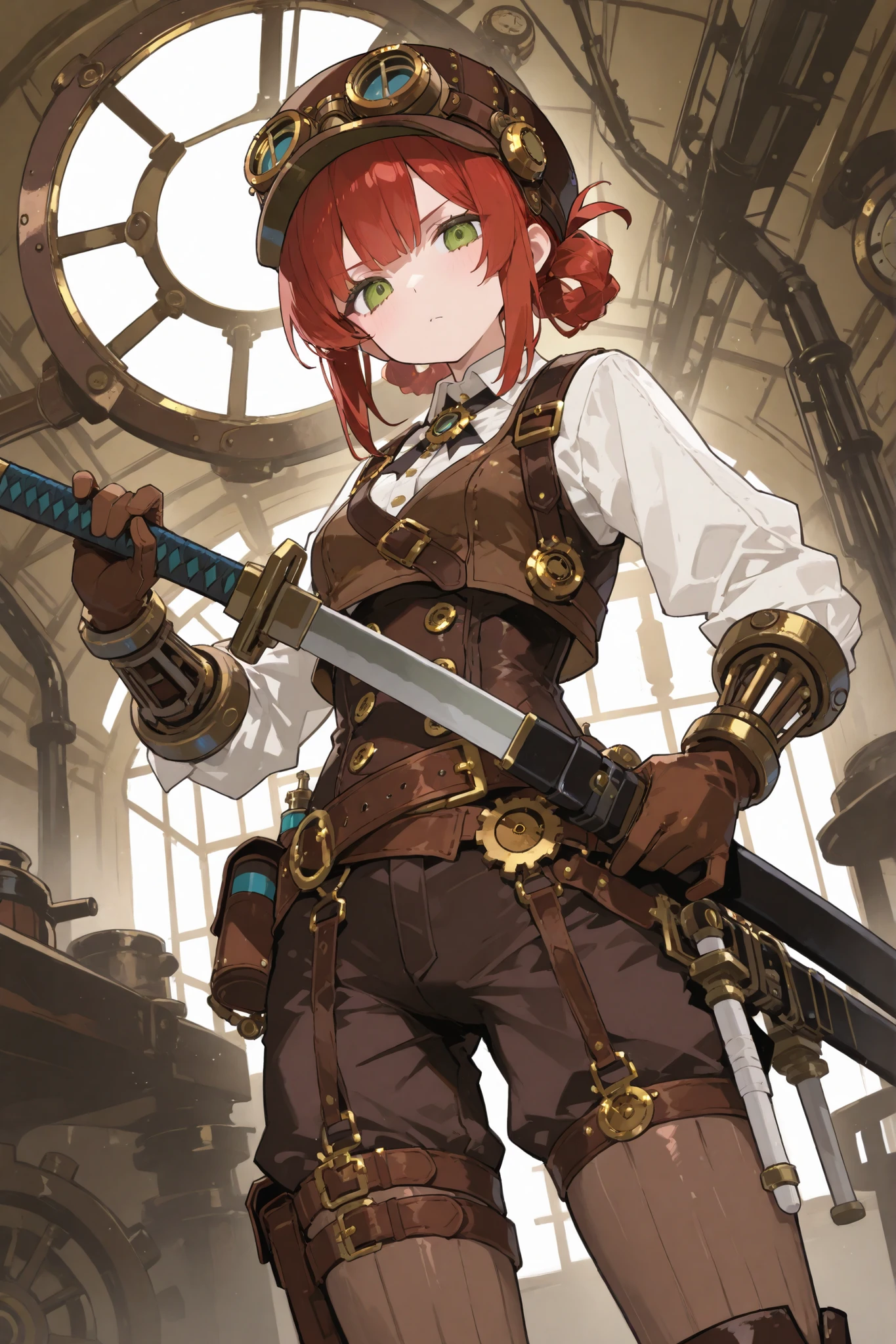 steampunk engineer,Japanese sword large sword,Appraising swords