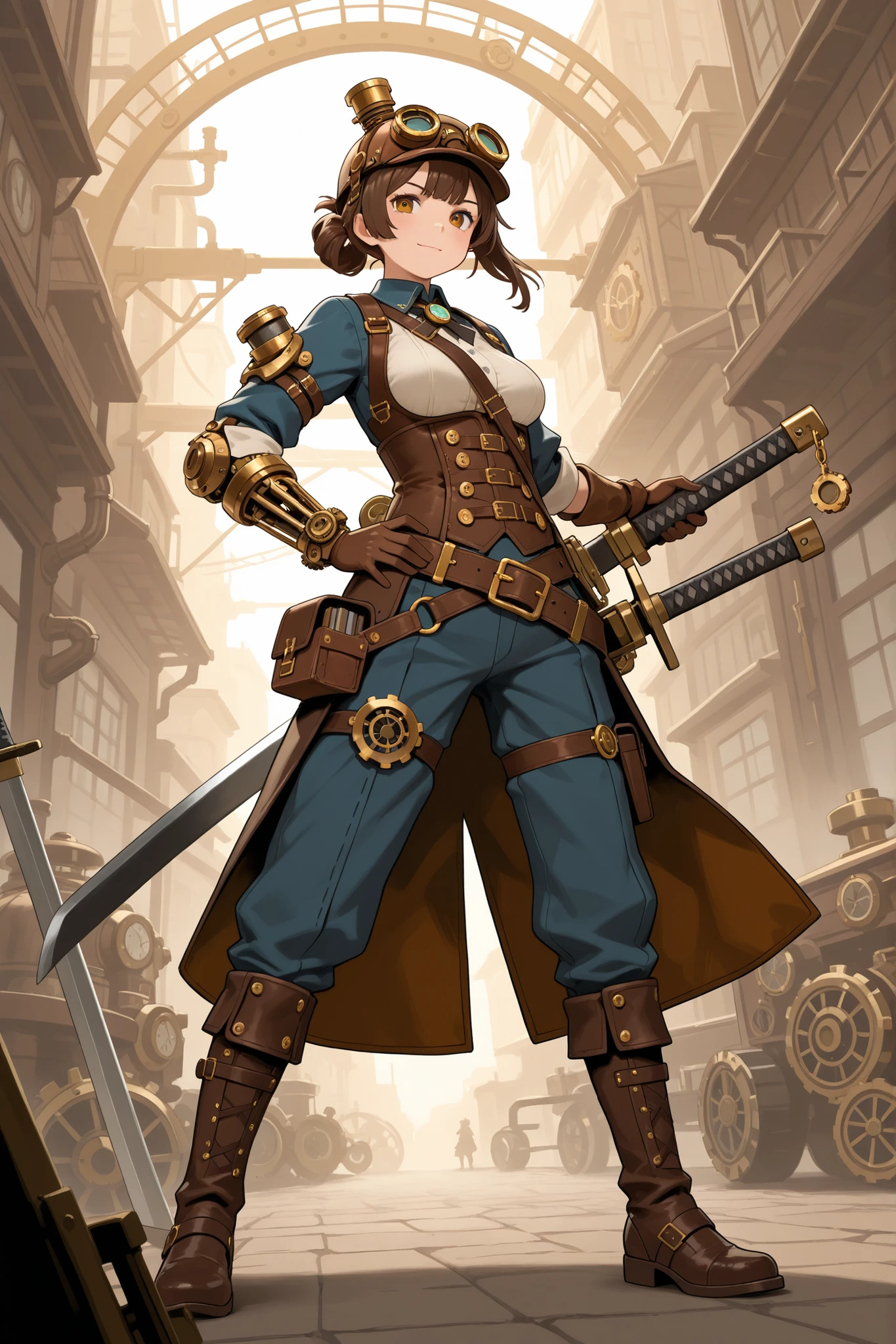 steampunk engineer,Japanese sword large sword,Appraising swords