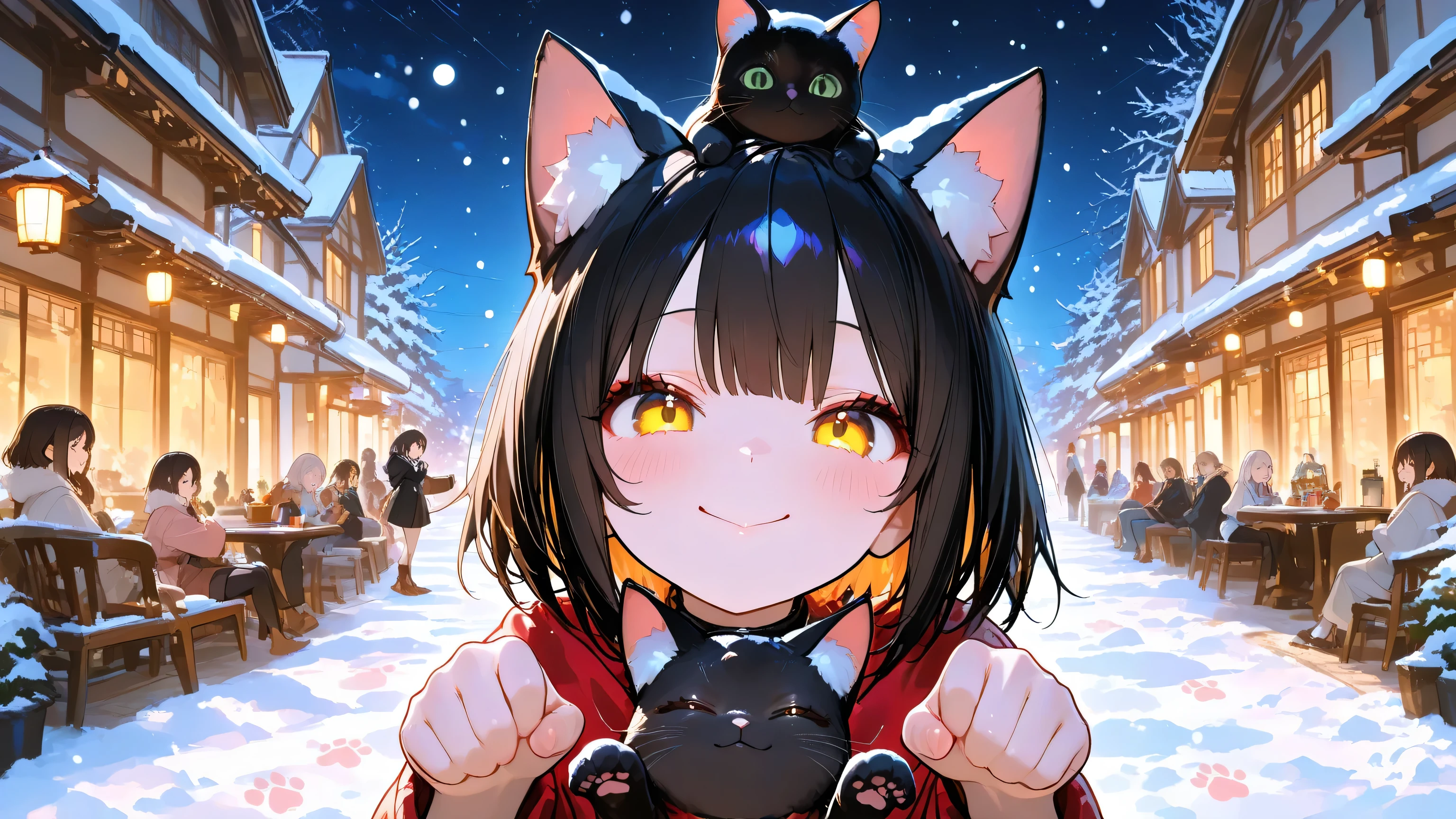 scrolls,Focus on the eyes,face,looking at audience,eyelash,cute,748cmstyle,(Masterpiece:1.2, Best Quality), (beautiful and fine eyes:1.2), ((beautiful women)), (very detailed CG, super detailed), (is very detailed and beautiful:1.1), (perfect detail:1.1), anime girl doing cat pose with her fingers, shows her ok, 1Girls, :>, her beautiful room, blooms alone, short bob hair in white, smile, Black cat, Cat's paw prints, Snow Scene, night, night sky, face ระยะใกล้, cat on girl's head, eye color difference, looking at audience