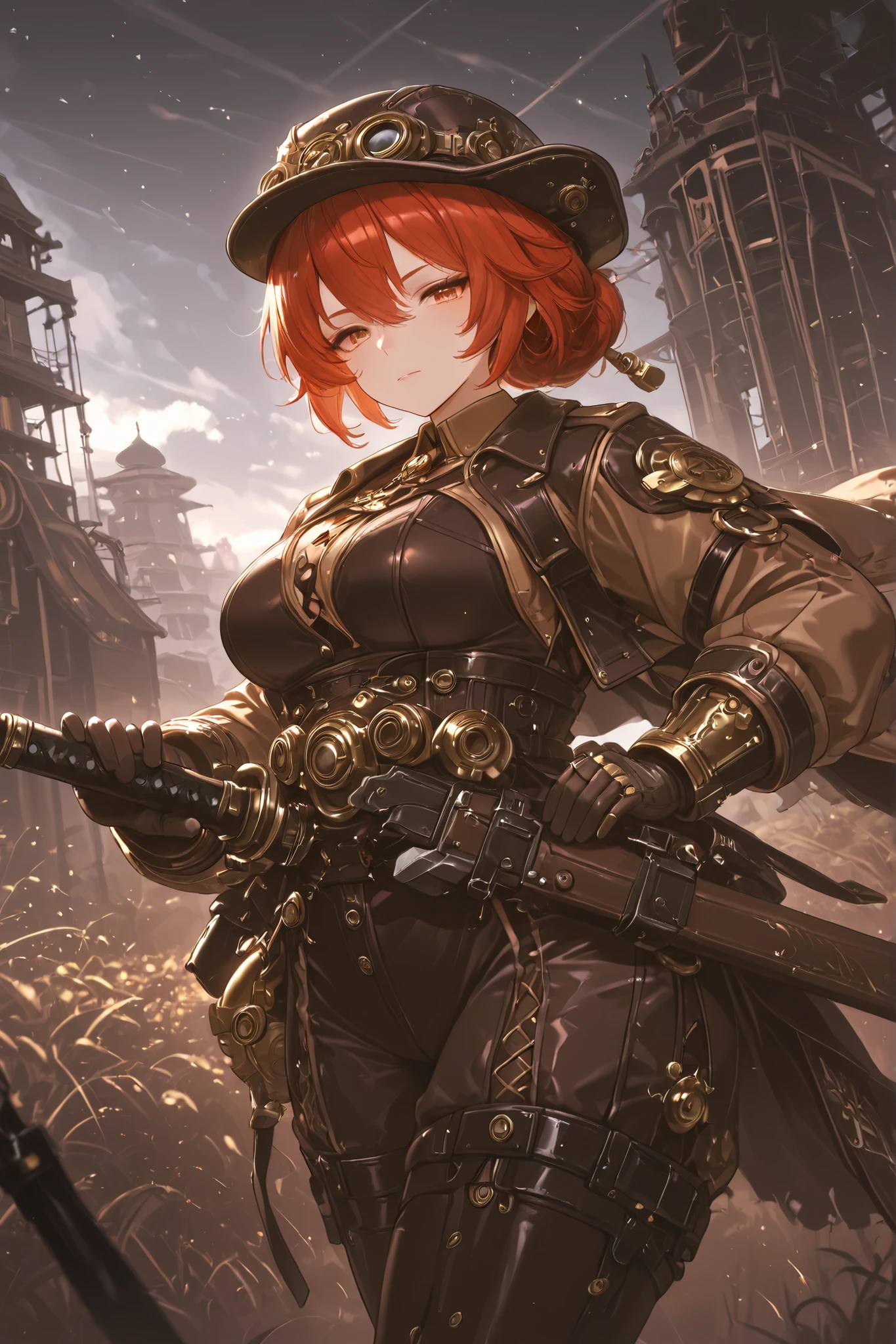 steampunk engineer,Japanese sword large sword,Appraising swords