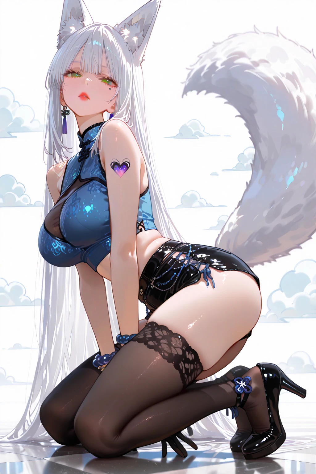 (Masterpiece), ((best quality)), 1girl, ((colorful paint splash background)), long hair, white hair, cat ears, blue eyes, arms up, ((big breasts)), ((wide hips))

