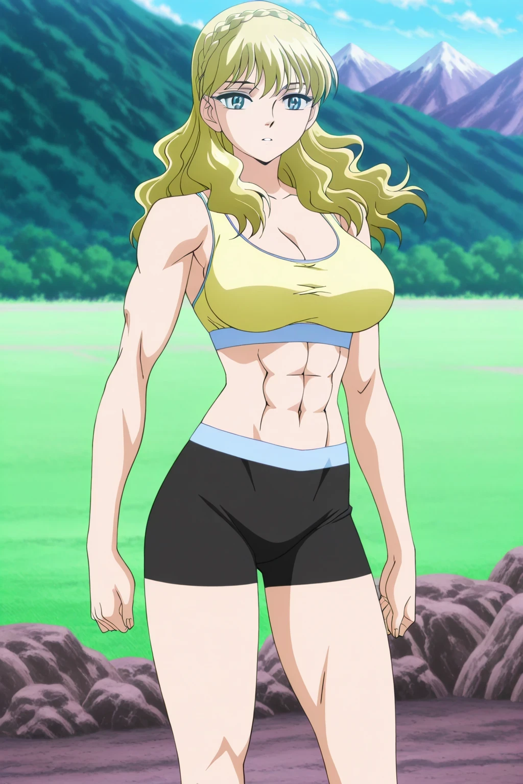 傑作、Best quality、Best resolution、Best image quality、amazing quality、 very aesthetic、 absurdres、anime coloring、anime screencap、anime screenshot、1girl、mii、anime girl with blue eyes and long blonde hair、solo、女の子、portrait of change ta、blonde hair、long hair、blue eyes、french braid、crown braid、classic girl、Girl Romance、beautiful anime Girl standing、Colored Sketches Anime Manga Panels、2010s anime art style、big breasts、cleavage、large breasts、large boobs、yellow sports bra、black bike shorts、 change、elegant atmosphere、slender body、screen cap、deltoids、navel、midriff、abs、stomach、biceps、triceps、brachioradialis、official anime art style、basic sports bra、bare shoulders、bare arms、bare thighs、made by bow water art style、tight sports bra、tight bike shorts、sports bra and bike shorts only、Enchanting anime girl、anime screencap、anime screenshot、looking at viewer、cowboy shot、girl focus、high quality color sketch、made by bow water art style、plain sports bra、(anime girl)、portrait of a beautiful animationh、an anime girl、elegant anime girl、beautiful anime girl、created by Anime Painter Studio、アニメチンコ!!!!、painted in the anime artist studio、real anime art style、digital anime art!!、girl focus、standing、outdoors、Mountain trail、muscles training、battle training、girl poses dynamically、combat posture、
