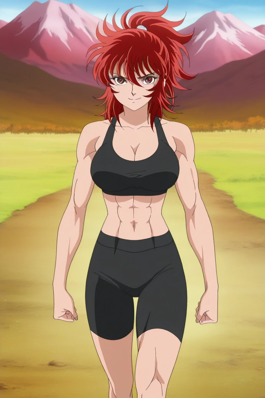 傑作, Best quality, Best resolution,.Best image quality, amazing quality, very aesthetic,.absurdres, anime coloring, anime screencap, anime screenshot, 1girl, shoko, red haired anime girl, solo, classic girl, Vibrant, girl, created by Anime Painter Studio, handsome, Girl Romance, brave, anime style, ponytail hair, medium hair, Hair between the eyes, red hair, A faint smile, bangs, brown eyes, visual Novel, official anime art style, Colored Sketches Anime Manga Panels, handsome atmosphere, muscular girl, 2010s anime art style, , cleavage, , large , collarbone, trapezius, anime comic, painted in the anime artist studio, アニメ調で, 女性的で筋肉質, screen cap, outfit:pitch black sports bra, girl is wearing a pitch black bike shorts, アニメ!!!!, portrait of a beautiful animationh, tight sports bra, tight bike shorts, deltoids, navel, midriff, abs, stomach, biceps, triceps, brachioradialis, hamstrings, adductor magnus muscles, painted in the anime artist studio, plain sports bra, real anime art style, digital anime artstyle!!, basic sports bra, shoulders, arms, legs, sports bra and bike shorts only, made by bow water art style, Enchanting anime girl, anime screencap, anime screenshot, looking at viewer, cowboy shot, girl focus, standing, outdoors, Mountain trail, tomboy atmosphere, a manly girl, boyish atmosphere, muscles training, battle training, girl poses dynamically, combat posture, saint seiya style,