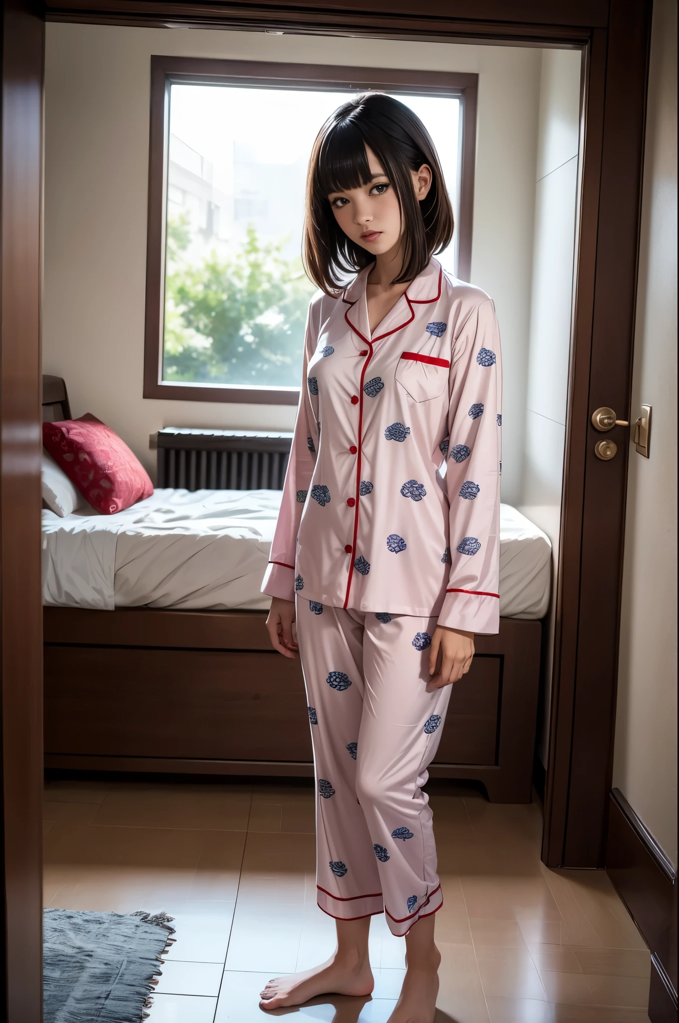 There is a woman sitting on a bed wearing pink floral pajamas, garota redheadwear, beautiful mulher redheadwear, mulher redheadwear, young garota redheadwear, short bright red hair, red hair and attractive features, Anna Nikonova aka Newmilky, garota redheadwear, redheadwear, Beautiful woman, posing on bed, Red head, with short red hair, posing in a room