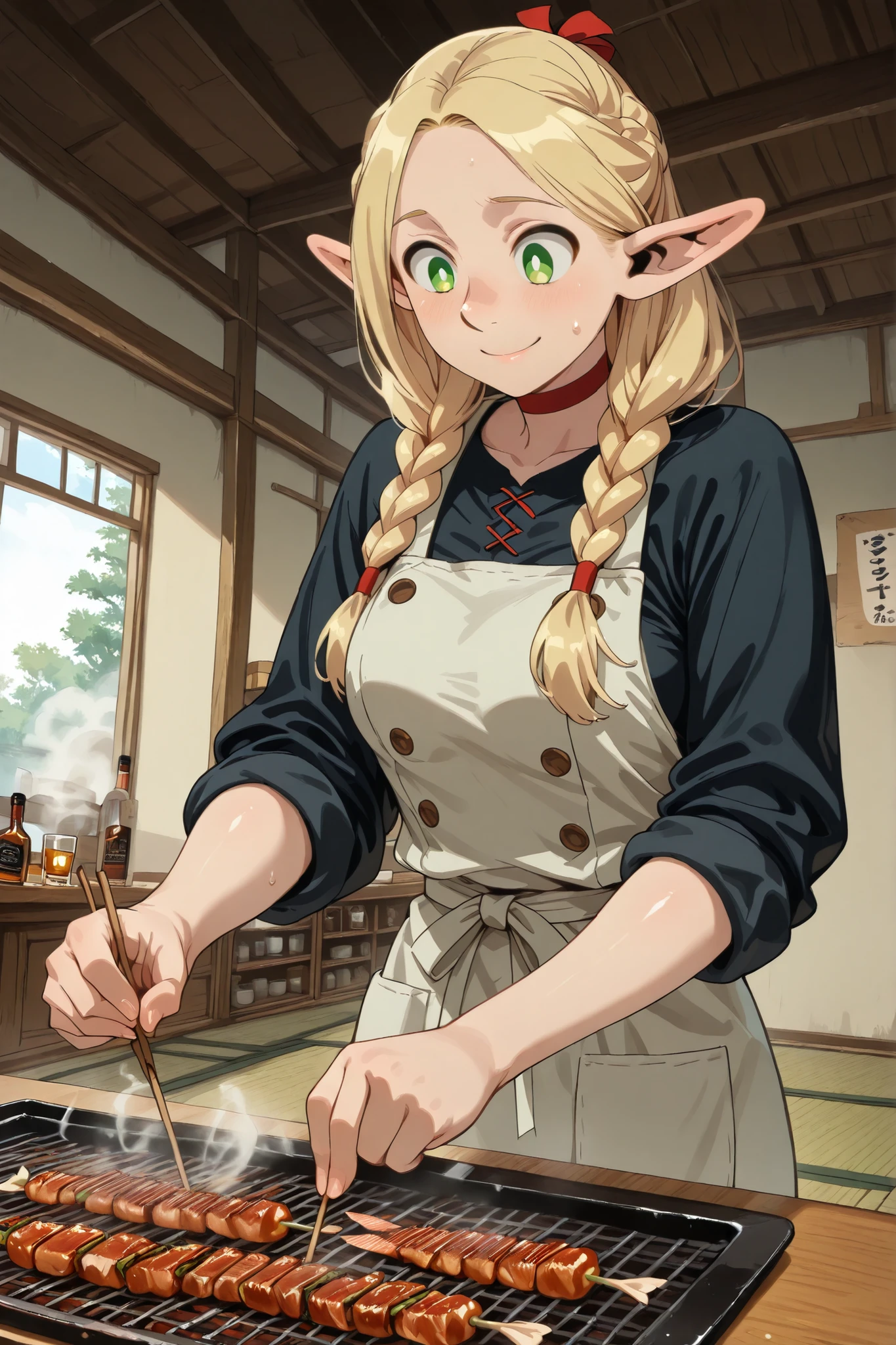 ,,(1girl, Marcille Donato, long hair, Blonde, green eyes, braids, pointed ears, twin braidss, Elf, bright students, flat bangs, mature woman, Medium Breasted,  aprons,,  shirt with rolled up sleeves, black shirt, red ribbon,) solo,at an angle, BREAK,and up to a sign with ghosts, High Fine,very detailed, masterpiece, anatomically correct,(glossy skin:1.3) ,sweat , smile , open mouse, Japanese Pub, liquor,  Yakitori,,smoke, grilled fish, Japanese Style, Tatami room, 