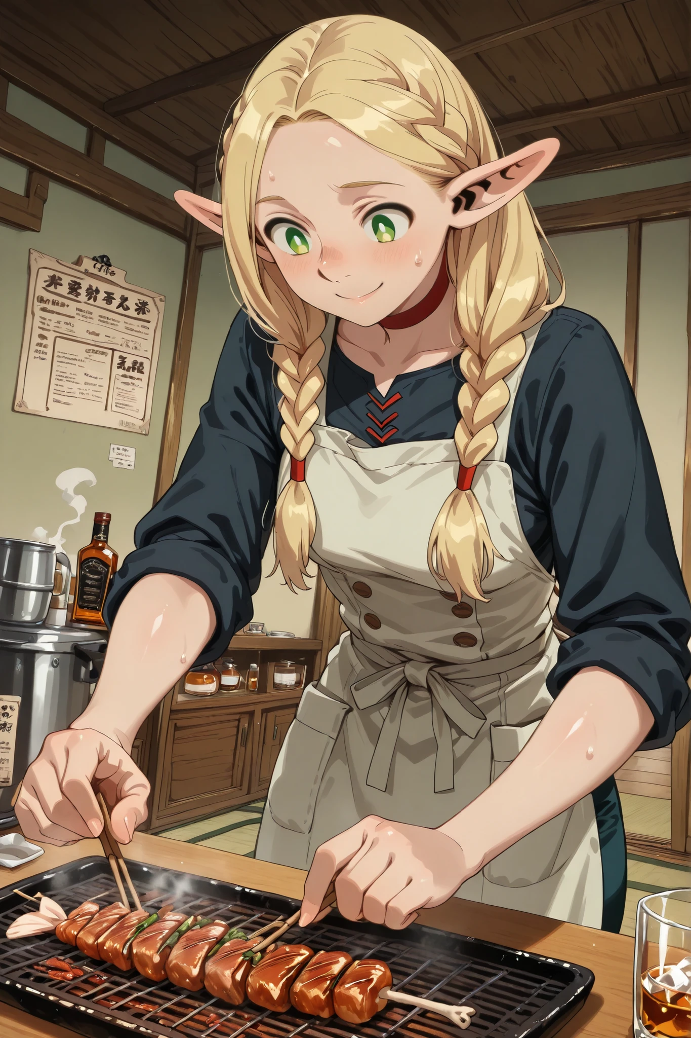 ,,(1girl, Marcille Donato, long hair, Blonde, green eyes, braids, pointed ears, twin braidss, Elf, bright students, flat bangs, mature woman, Medium Breasted, aprons,, shirt with rolled up sleeves, black shirt, red ribbon,) solo,at an angle, BREAK,and up to a sign with ghosts, High Fine,very detailed, masterpiece, anatomically correct,(glossy skin:1.3) ,sweat , smile , open mouse, Japanese Pub, liquor, Yakitori,,smoke, grilled fish, Japanese Style, Tatami room,