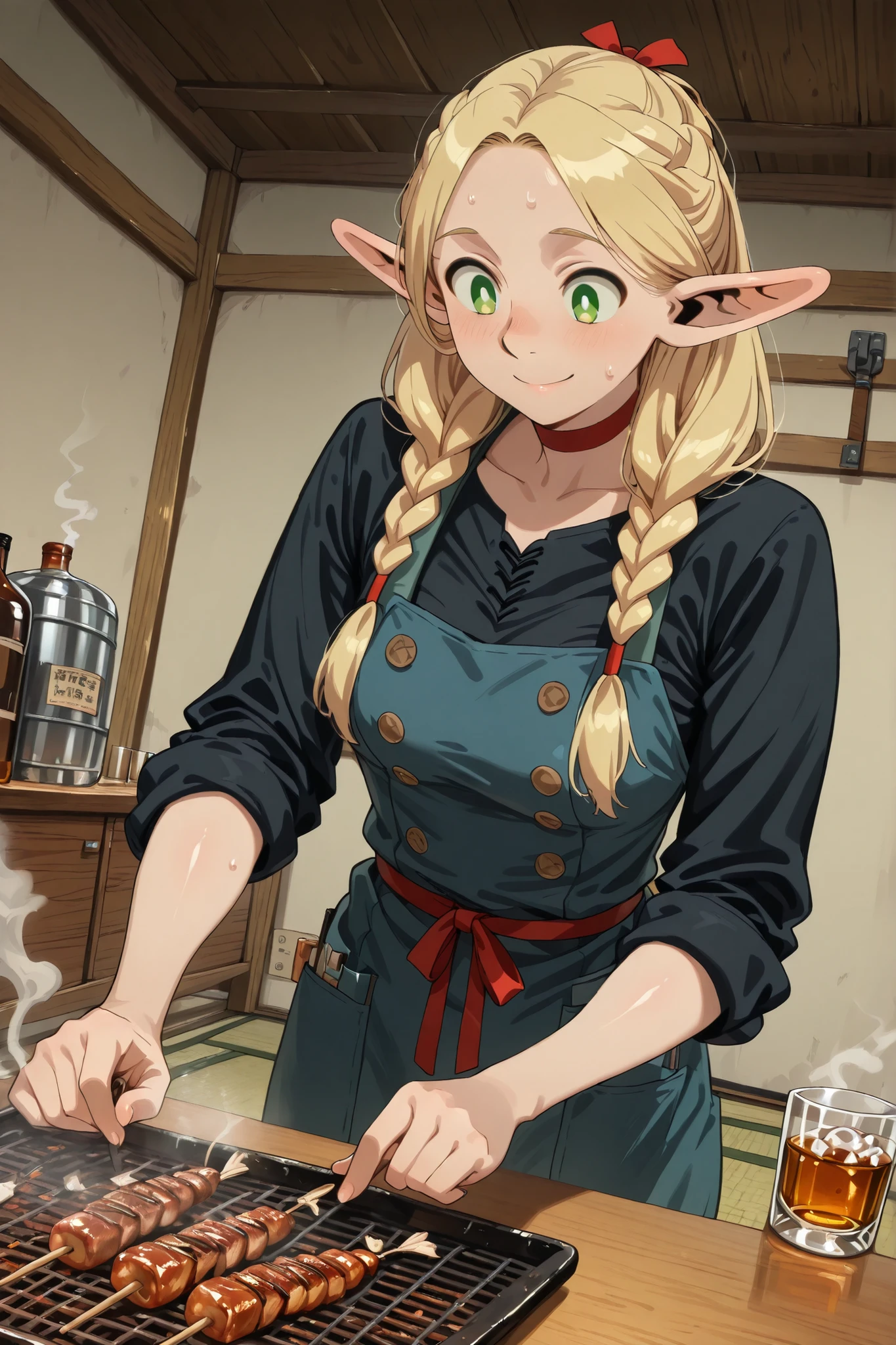 ,,(1girl, Marcille Donato, long hair, Blonde, green eyes, braids, pointed ears, twin braidss, Elf, bright students, flat bangs, mature woman, Medium Breasted, aprons,, shirt with rolled up sleeves, black shirt, red ribbon,) solo,at an angle, BREAK,and up to a sign with ghosts, High Fine,very detailed, masterpiece, anatomically correct,(glossy skin:1.3) ,sweat , smile , open mouse, Japanese Pub, liquor, Yakitori,,smoke, grilled fish, Japanese Style, Tatami room,