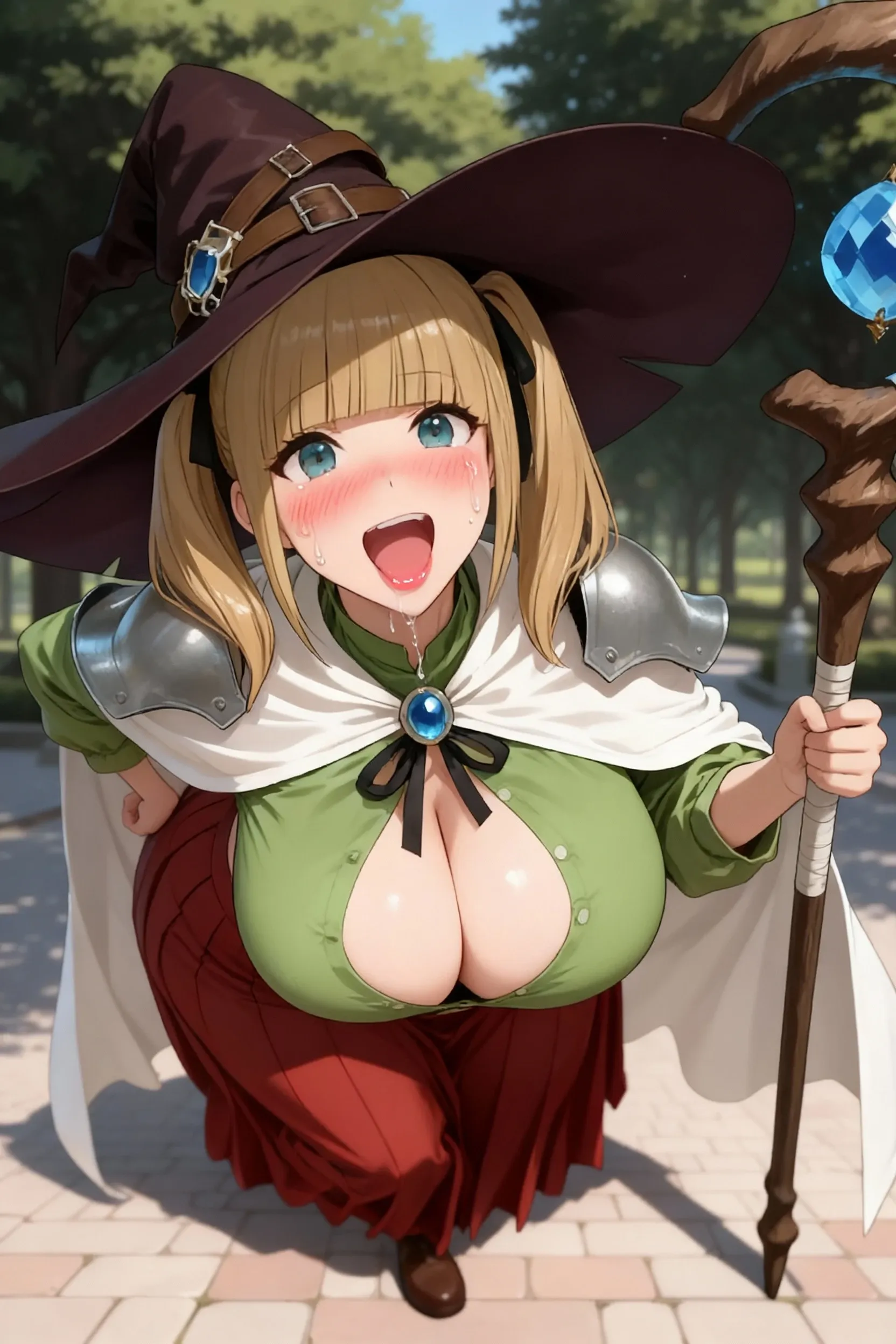 dark magician girl, mksks style, (Highly detailed background:1.0), (Highly detailed background:1.0), masterpiece, Highest quality, (One girl), alone, (forest), Long Hair, Blonde, Blue hat, magic使いの帽子, Casting a Spell, nature, wood:1.2, Motion Blur, magic, (moonlight:1.2), chromatic aberration, Depth of written boundary, Soft lighting, Highly detailed face, Highly detailed eyes, nsfw, (bare breast:1.5), (Breast milk spurting:1.5)