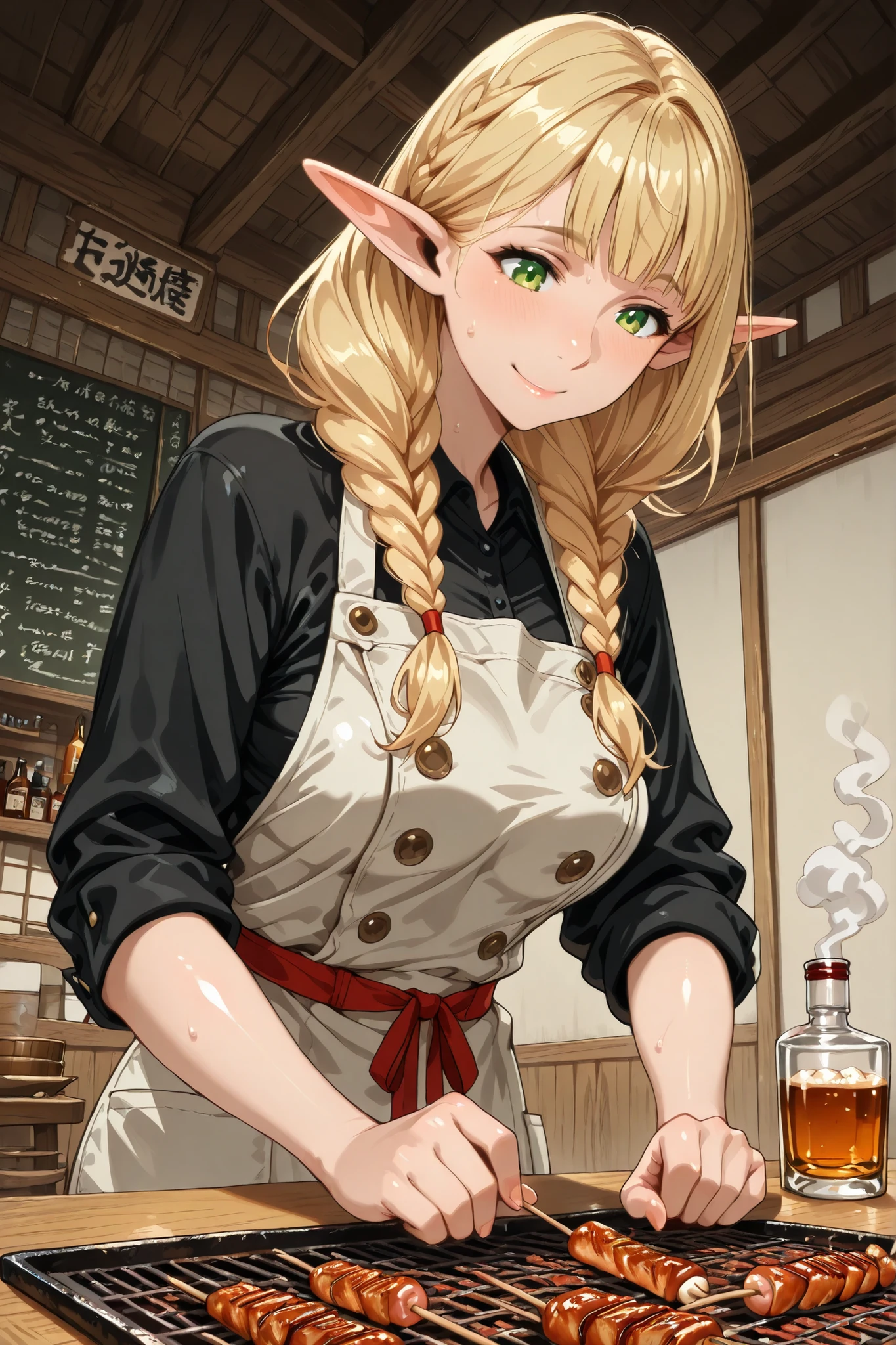 ,,(1girl, Marcel Donart , long hair, Blonde, green eyes, braids, pointed ears, twin braidss, Elf, bright students, flat bangs, mature woman, Medium Breasted,  aprons,,  shirt with rolled up sleeves, black shirt, red ribbon,) solo, at an angle, BREAK,and up to a sign with ghosts, High Fine,very detailed, masterpiece, anatomically correct,(glossy skin:1.3) ,sweat , smile , open mouse, Japanese Pub, liquor,  Yakitori,,smoke, grilled fish, Japanese Style, Tatami room, 