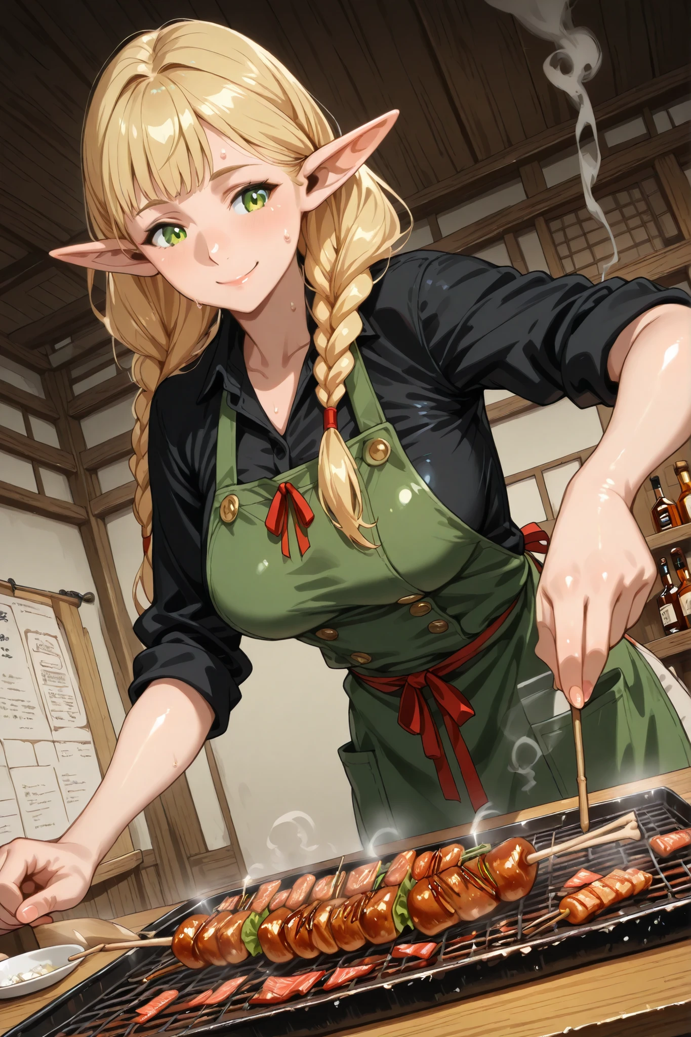 ,,(1girl, Marcel Donart , long hair, Blonde, green eyes, braids, pointed ears, twin braidss, Elf, bright students, flat bangs, mature woman, Medium Breasted, aprons,, shirt with rolled up sleeves, black shirt, red ribbon,) solo, at an angle, BREAK,and up to a sign with ghosts, High Fine,very detailed, masterpiece, anatomically correct,(glossy skin:1.3) ,sweat , smile , open mouse, Japanese Pub, liquor, Yakitori,,smoke, grilled fish, Japanese Style, Tatami room,
