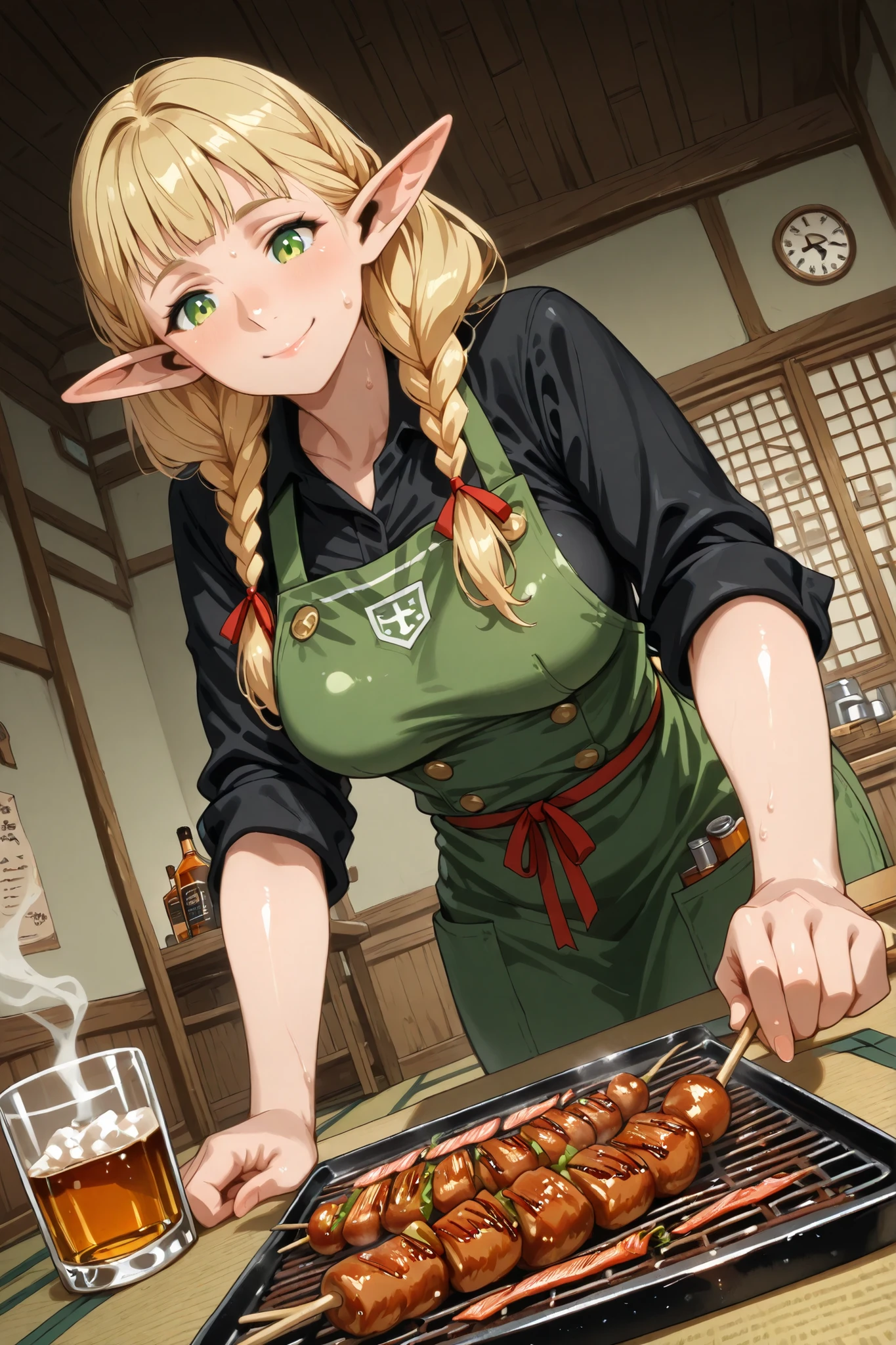 ,,(1girl, Marcel Donart , long hair, Blonde, green eyes, braids, pointed ears, twin braidss, Elf, bright students, flat bangs, mature woman, Medium Breasted, aprons,, shirt with rolled up sleeves, black shirt, red ribbon,) solo, at an angle, BREAK,and up to a sign with ghosts, High Fine,very detailed, masterpiece, anatomically correct,(glossy skin:1.3) ,sweat , smile , open mouse, Japanese Pub, liquor, Yakitori,,smoke, grilled fish, Japanese Style, Tatami room,