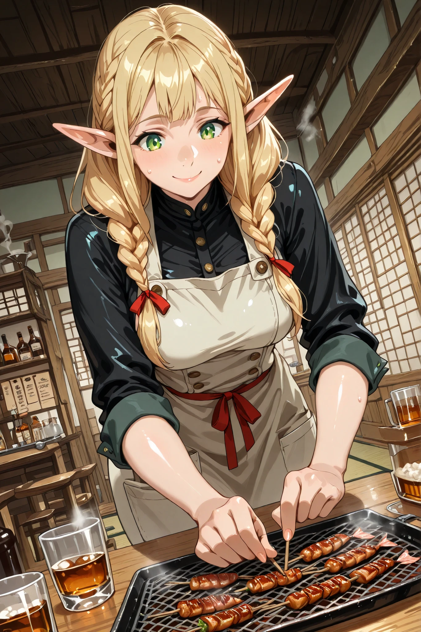 ,,(1girl, Marcel Donart , long hair, Blonde, green eyes, braids, pointed ears, twin braidss, Elf, bright students, flat bangs, mature woman, Medium Breasted, aprons,, shirt with rolled up sleeves, black shirt, red ribbon,) solo, at an angle, BREAK,and up to a sign with ghosts, High Fine,very detailed, masterpiece, anatomically correct,(glossy skin:1.3) ,sweat , smile , open mouse, Japanese Pub, liquor, Yakitori,,smoke, grilled fish, Japanese Style, Tatami room,