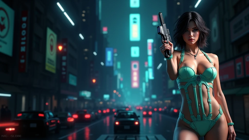 Close-up, a beautiful French woman, tattered clothes, wild long hair, tattered clothes , cleaveage, action movie scene, Dystopian Dinner Cinematic Blade Runner, natta, busy with neon signs, blade runner aesthetics,  film cinematography, gangue trash, attractive person, High emphasis on detail, wearing weather technology equipment, gangue trash, full of life, gangue trash, action movie shot by Kon Satoshi, style semi impasto, dark ink, Atmospheric, Ablaze, lighting dramatic, Beautiful  eyes, symmetric eyes, perfects eyes. Matrix style, (((Matrix cascading code))), (((a futuristic twin tower skyscraper with a unique twisted design))), (((OLED GUI interfaces in the building))), at night, (((((1girl, solo))))), photo realistic, (((((((large-breast:1.1 slim body, cleavage:1.4))))))), (((((off broken mini sling-shirt and black sling , extreamly short pleated  exposing ))))), (((((running pose))))), (((((((matrix style black micro sunglasses))))))), ((((((((((aiming with a short gun)))))))))), (((((looking at camera))))), (((very low view))), (((((half-body thigh level medium shot))))), (((cinematic lighting))).