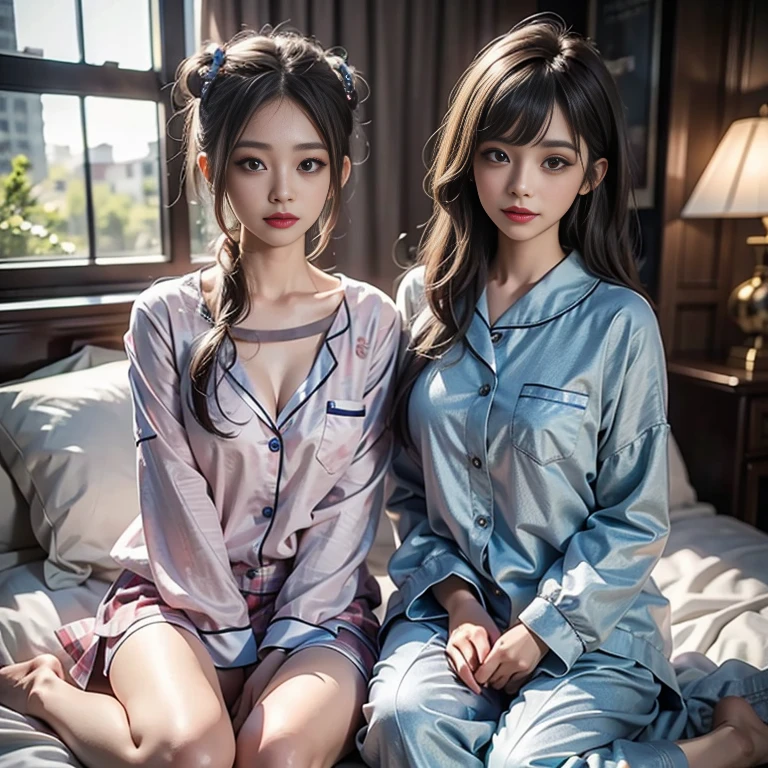 best quality, masterpiece, ultra high res, 8K, raw, (photo realistic:1.4), physically-based rendering, depth of field, looking at viewers, slender, (sitting:1.1), in the bed room, detailed beautiful face, 1 girl, cute, young, nose blush, big black eyes, open mouth, tiny , black hair, detailed clothes, (pajamas:1.3), no shoes ,pureerosface_v1,