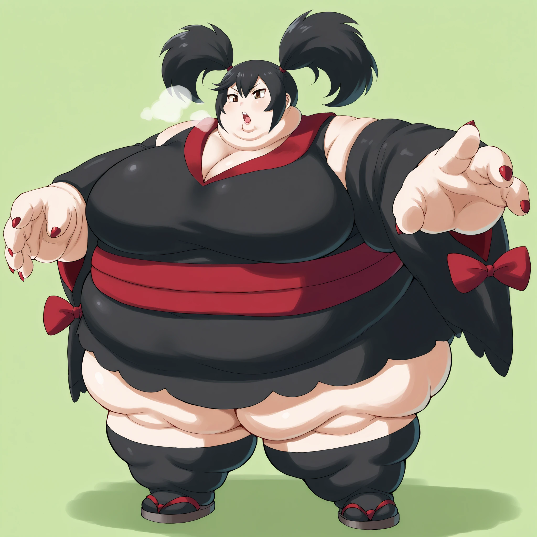 furikali, twintails, black_hair, hair_tie, brown_eyes, japanese_clothes, kimono, black_kimono, sash, wide_sleevees, kneehighs, black_socks, sandals, red_nails, large breasts, fat, chubby, obese, fat neck, multiple chins, big breasts open mouth, out of breath, Larger female, full body shot, only head, large head, oversized limbs, large hands, large feet, oversized feet, oversized fingers, big lips, plump lips, fat face, fupa, big fupa, fat fupa, hunchback,