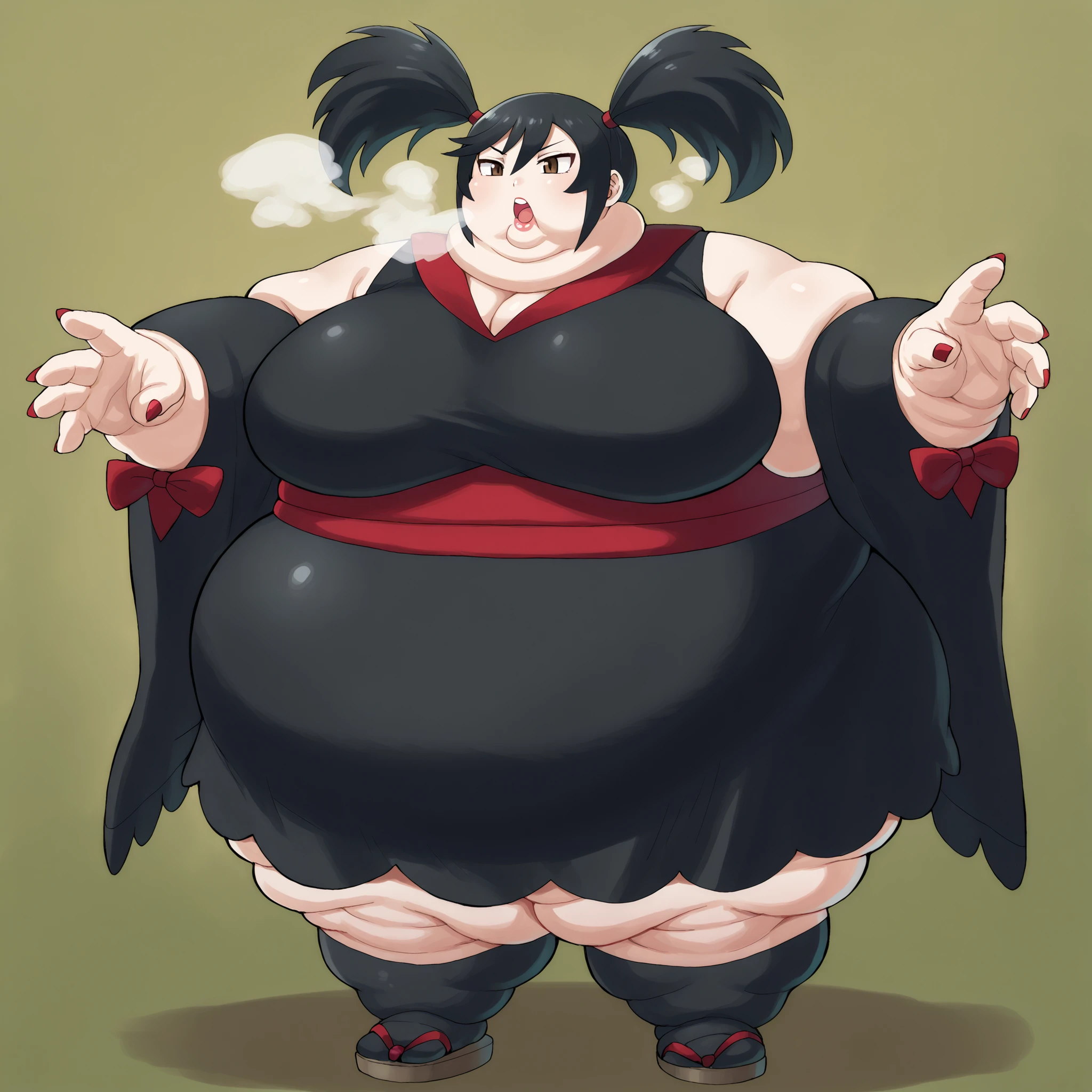 furikali, twintails, black_hair, hair_tie, brown_eyes, japanese_clothes, kimono, black_kimono, sash, wide_sleevees, kneehighs, black_socks, sandals, red_nails, large breasts, fat, chubby, obese, fat neck, multiple chins, big breasts open mouth, out of breath, Larger female, full body shot, only head, large head, oversized limbs, large hands, large feet, oversized feet, oversized fingers, big lips, plump lips, fat face, fupa, big fupa, fat fupa, hunchback, 