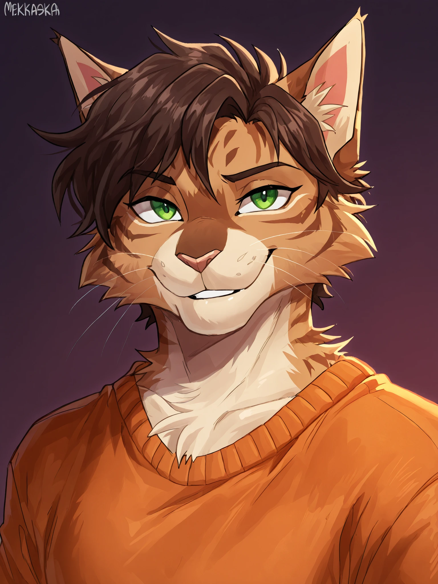 Mekaska, by Mekaska, medium portrait, masterpiece, high quality, detailed, best quality, soft lighting, soft shading, furry, anthro, 1boy, male, solo, cat, brown fur, facial markings, green eyes, orange sweater, dark brown hair, looking at the viewer, smiling, maroon gradient background