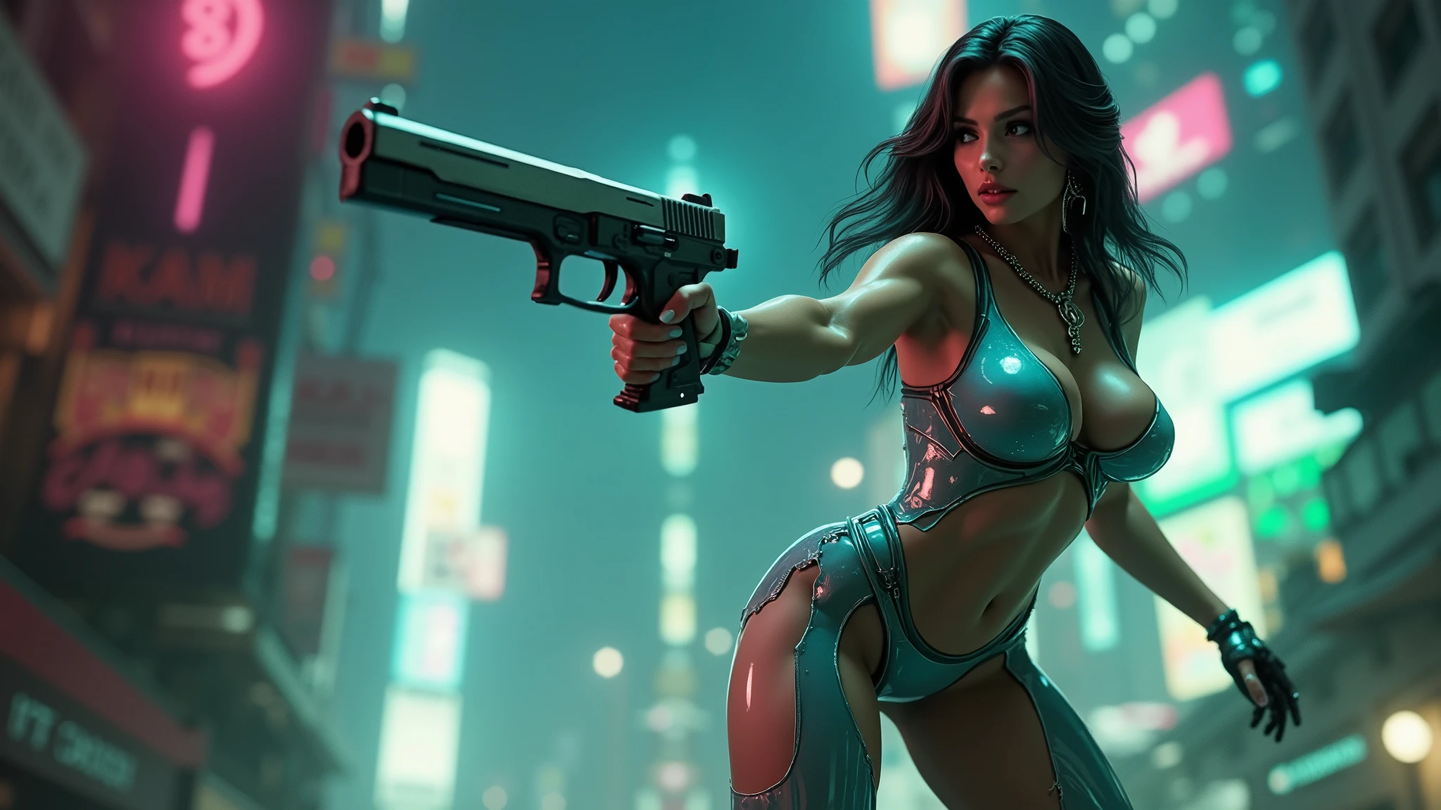 At night, dark sky, aerial view of fantasy cyberpunk style ((Moai-statue)) city, ((flying vehicle)). ((1girl, solo, alone)), photo realistic, medium-breast:1.1 slim body, cleavage, sexy clothes, (black sunglasses), (((hip-up standing and pistol aiming pose))), half-body thigh level medium shot, cinematic lighting.