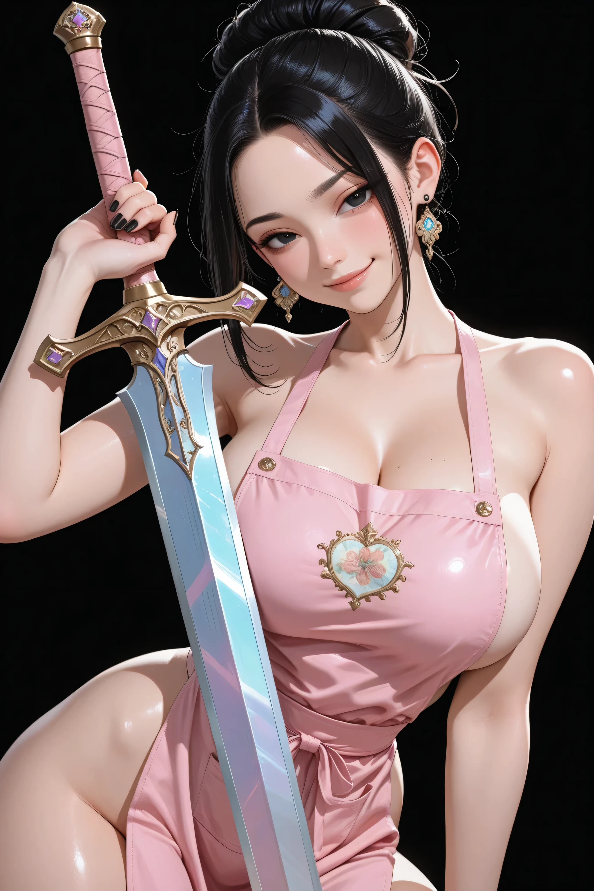 landscape, black background, No background , simple background, girl in focus , 4k, 1 maiden, focus faces, head focus, young woman, Delinee Beauty, big breasts, thin waist, wide hips, fit, perfect face, thin, black eyes, label, Children's hairstyle , black hair, on her pink leather apron on her naked body, ear earrings, black nails, smug face, (((She holds a curved sword))), contrapposto, looks at the viewer, detailed close-up, dynamic angle sweater, dynamic pose, dynamic lighting, (masterpiece), highly detailed, eye aesthetically, contour, contours, HD, 4k, overly detailed , earrings in super detailed, limited palette, Soft colors, pastel colors, strapless, 748cmstyle