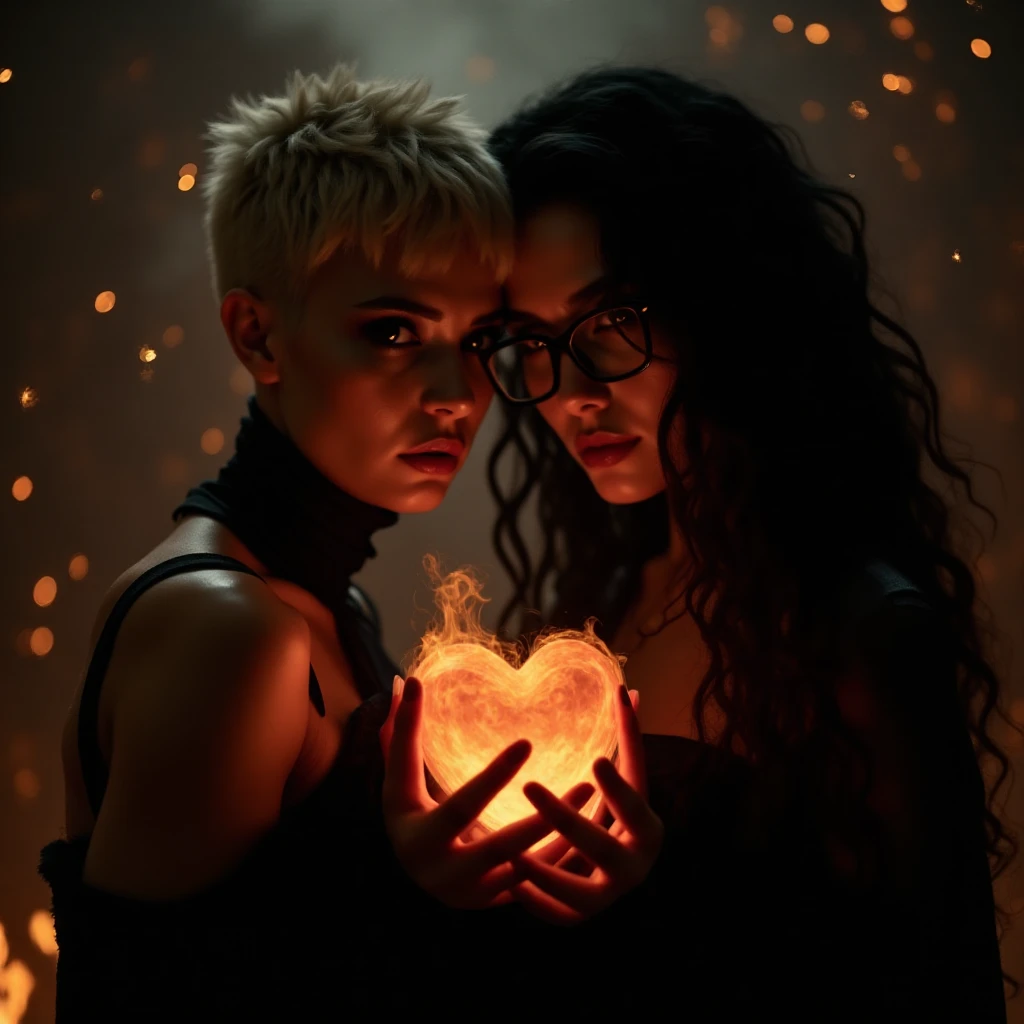 A sensual and dark fantasy scene: a masculine and androgynous woman with very short blonde hair, dressed in black, facing the viewer, holding a flaming heart together with a sexy woman with very long curly black hair wearing black eyeglasses, also facing the viewer. They are close and embracing tenderly. Both faces fully visible and expressive, looking forward. Background filled with flames and a dark, mystical atmosphere, glowing sparks in the air. Dramatic lighting, ultra-detailed, cinematic, fantasy realism, 8k quality.