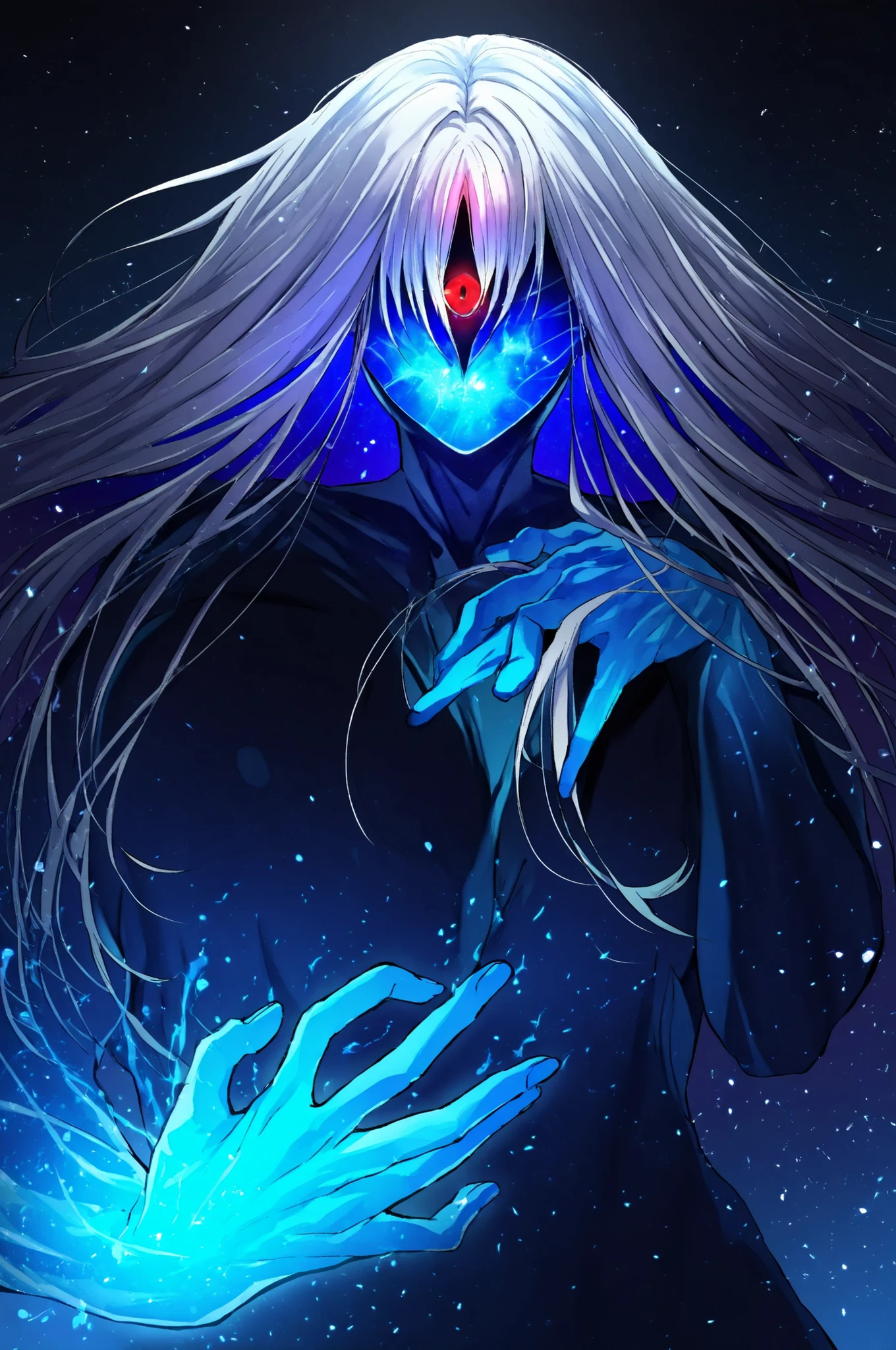This is a digital anime-style artwork featuring a mysterious figure with long, flowing silver hair covering their eyes. The figure extends a glowing, blue-tinted hand, revealing a large, menacing, glowing red eye. The background is a dark, starry void, with ethereal blue and black shades creating a cosmic atmosphere. The character's expression is serene, adding a contrast to the eerie eye. The image has a surreal, otherworldly feel, emphasizing the supernatural elements.