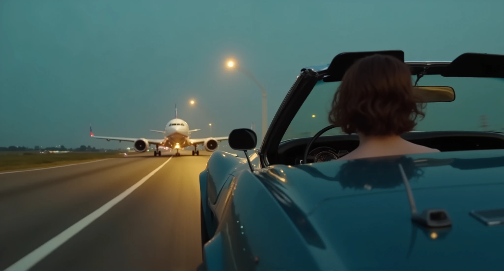 One car. Ultra close up low angle shot of a (((dark bluegreen))) 1973 corvette convertible driving at high speed on a (((dark))) airport runway (((at night))). No streetlamps are shown. The car is chasing an airplane that is taking off, close behind an airplane that is trying to take off, the back of the airplane is seen. The camera is mounted low on the back bumper of the car facing forward. (((Only the back corner and side of the car and it's wheels and tires is shown))), with the runway and airplane making up the rest of the image. (((No other cars or people are in the image))). Christina Ricci with dark red hair drives the car and turns her head slightly to the left, looking out in front of and to the left of the car. Everything is in focus but the runway is blurred due to the motion of the car. The bridge shows slight motion blurring. Miami Vice style image