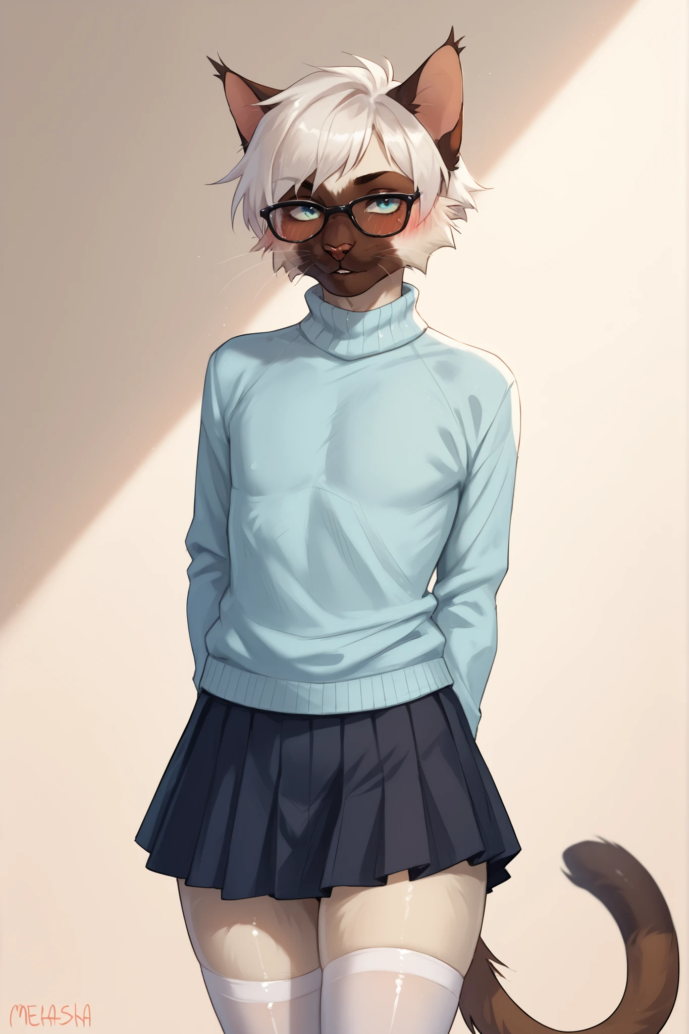 Mekaska, by Mekaska, medium portrait, masterpiece, high quality, detailed, best quality, soft lighting, soft shading, furry, anthro, 1boy, male, solo, femboy, siamese cat, white fur, brown fur, blue eyes, black glasses, short white hair, light blue sweater, short black skirt, white thigh-highs, looking at the viewer, blushing, hands behind back, orange gradient background