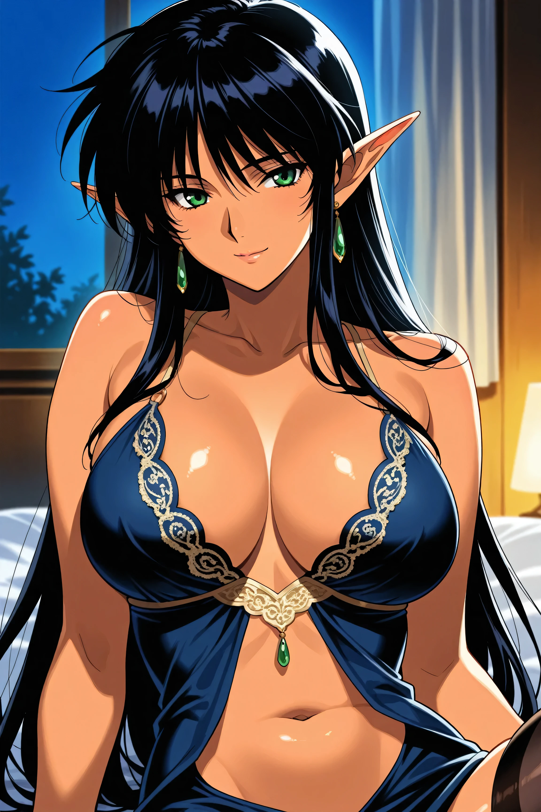 mature female, milf, motherly,arshes_nei, score_9, score_8_ up the side, score_7_ up the side, score_6_ up the side, score_5_ up the side, score_4_ up the side,(upper body:1.4),manga coloring, source manga,light smile,(masterpiece:1.4),solo,night,indoor,Grand Treehouse bed room, (slender:1.4),(slender waist:1.3),slender face,tsurime,young female,elf, pointy ears, green eyes, black hair, bangs,long straight hair,big hair, dark-skinned female,large breasts, center opening, navel, two-tone dress,,dark blue night dress ,silky dress,gold lace,dress, thick thighs, black thighhighs,BASTARD_V1,(messy hair:0.7),, 1girl, pointy ears, collarbone,,, black hair, jewelry, cleavage, earrings, bare shoulders, ,, , sitting,