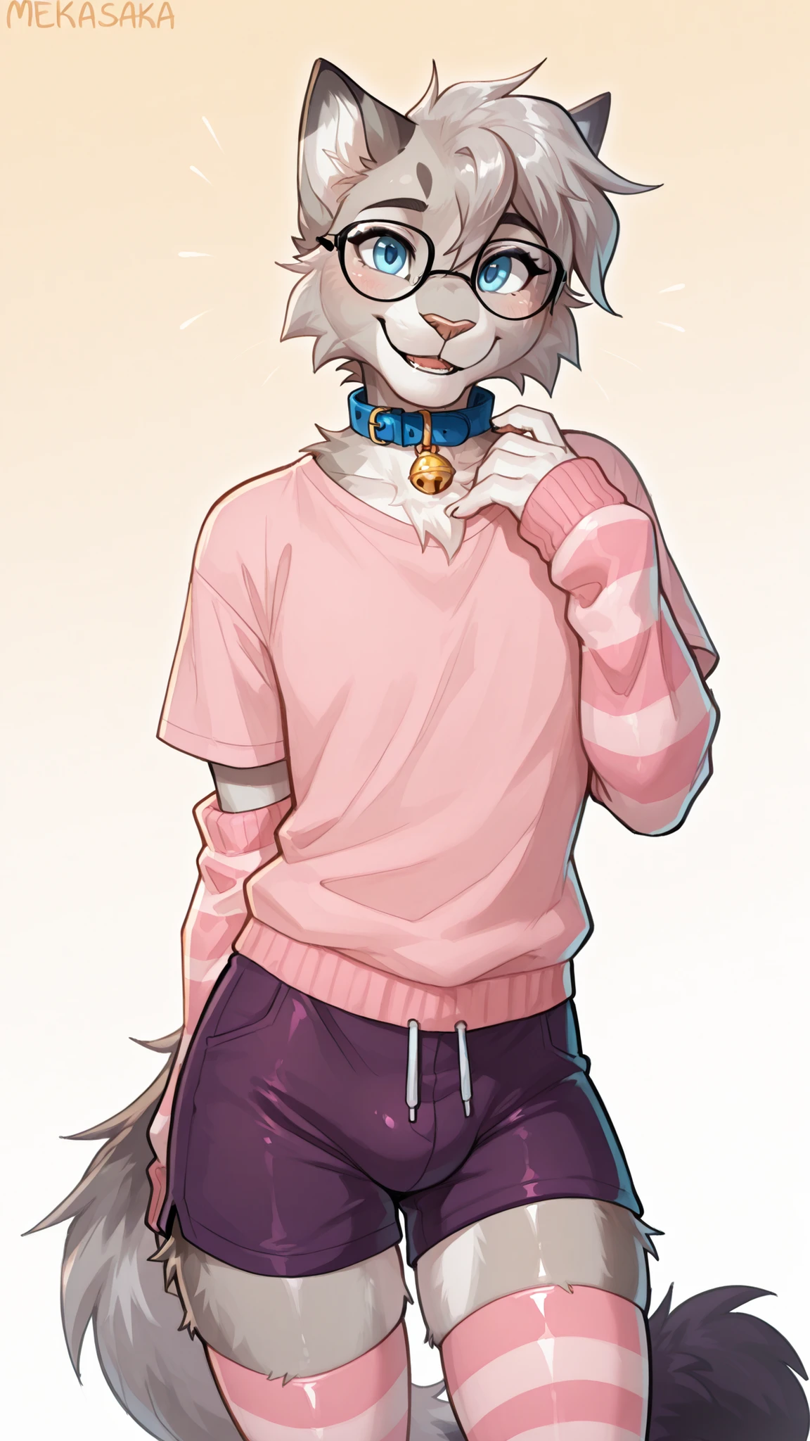 Mekaska, by Mekaska, medium portrait, masterpiece, high quality, detailed, best quality, soft lighting, soft shading, domestic cat, felid, feline, felis, egyptian mau, furry, anthro, nixuelle, grey fur, white fur, multicolored fur, grey hair, blue eyes, tail, fluffy tail, glasses, blue collar, bell collar, male, 1boy, femboy, solo, pink shirt, pink striped thigh-highs, pink striped arm warmers, dark purple shorts, happy, standing, looking at viewer, yellow gradient background