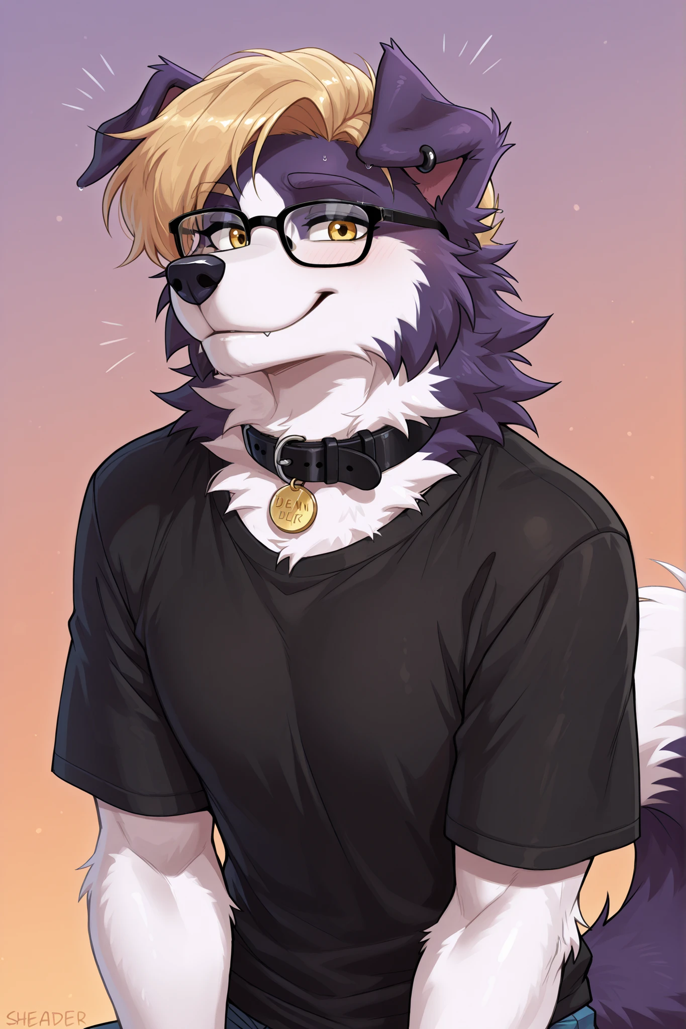 medium portrait, masterpiece, high quality, detailed, best quality, bordier collie, canid, canine, canis, collie, domestic dog, herding dog, pastoral dog, sheepdog, furry, anthro, dean, blonde hair, yellow eyes, glasses, dark purple nose, black ear ring, ear piercing, collar, tail, fluffy tail, white fur, purple fur, two tone fur, male, 1boy, solo, black t-shirt, happy, mouth closed, looking at viewer, orange gradient background