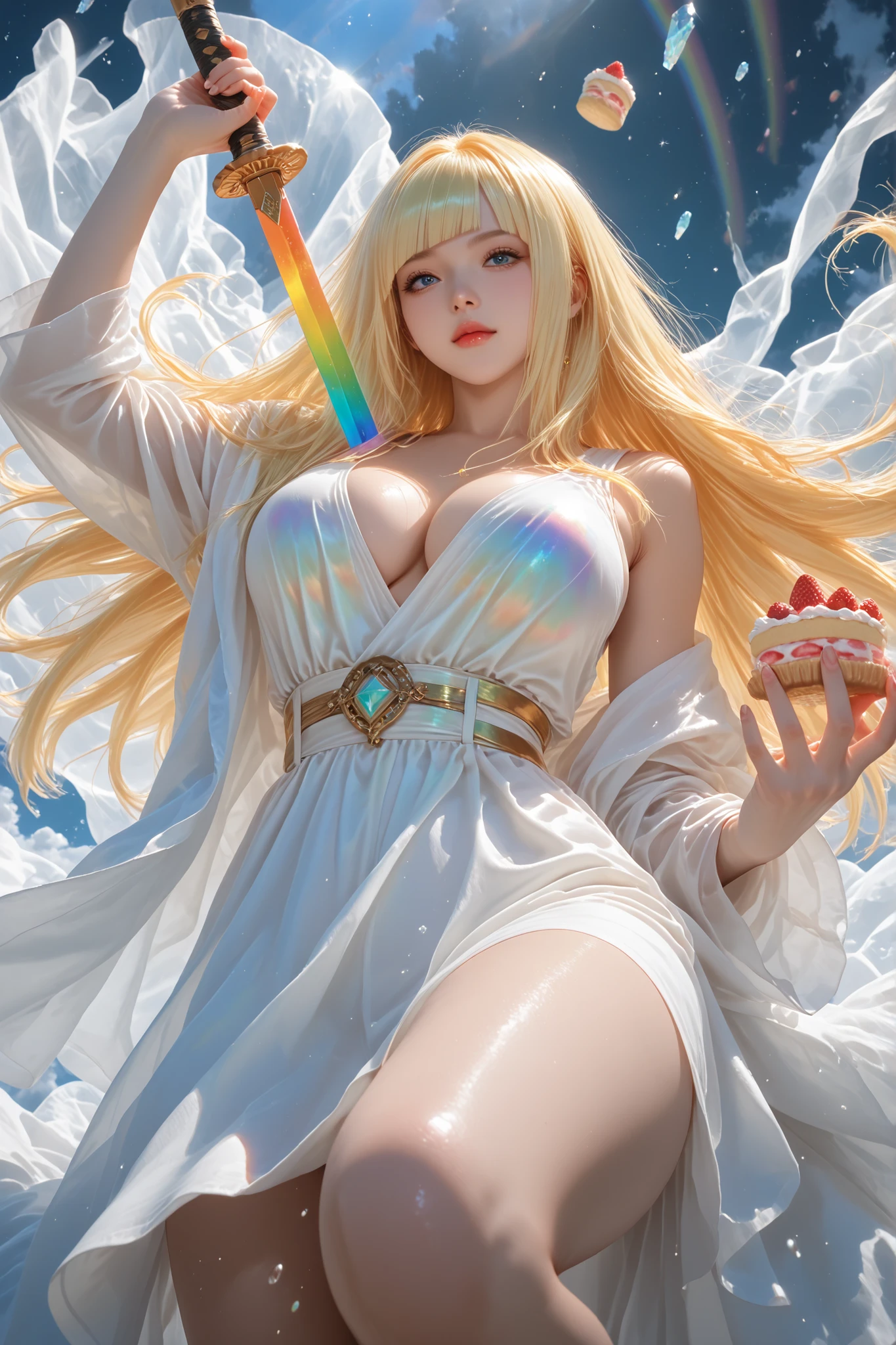 wide-angle view from above,((motion effect from below,dynamic motion)) ,battle ready,combat motion,((surrounded by delicious shortcakes the size of 5 anatomically accurate fingers)),complete anatomy,solo,1girl,long hair, (Iridescent Golden Clarity),Crystal Hair ,straight hair per sheet,tousled bangs, diagonal bangs,blue eyes,I have a curved, rainbow-colored sword in my right hand,(light clothes,Transparent white costume in Greek mythology), ( loose fit),Big Boobs, Curbley ,shoulder,32K,Ultra High Definition,masterpiece,Ultra high definition ,HDR,very detailed,Very Aesthetic,Highest Quality,Best Skills ,((motion effect from below,dynamic motion)) ,