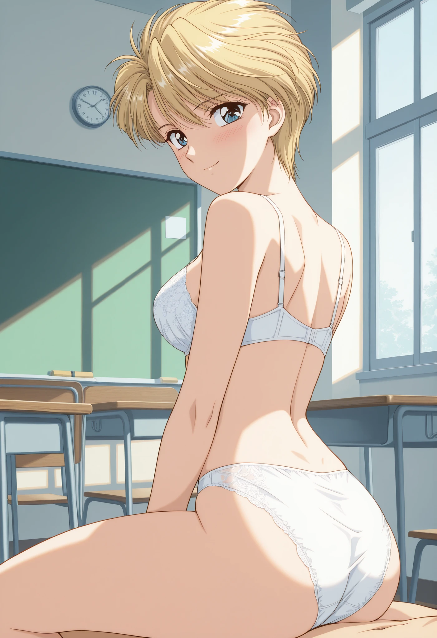 score_9, score_8_up , score_7_up , score_6_up , score_5_up , score_4_up ,Clip skip:2,,(1990s_\(style\):0.8),(retro_artstyle:0.8),(masterpiece:1.3),NSFW,solo,24歳, mature female,(extremely detailed CG unity 8k wallpaper),top quality , amazing quality, high resolution, Absurd, very aesthetic, high resolution, (ultra detail), perfect detail,(extremely detailed CG,highres icon,absurdres,4K),cowboy shot, best quality, source_anime,official art,perfect_anatomy,slender ,slender waist,yui hongo,1girl,blue eyes,blonde hair,short hair,very short hair,,white bra,,looking_at_viewer,smile,day,classroom,美しい太腿,(sitting),blush,from behind,white panties,,hand between legs,squatting cowgirl position,