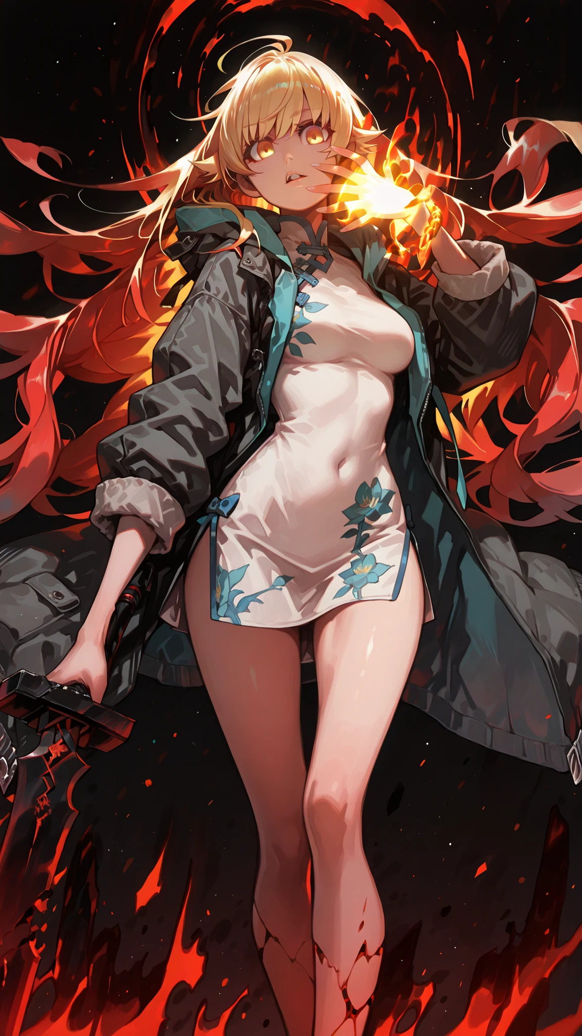 Alone, 1 girl, solitary female character, a young teenager about 1.5 meters tall. She stands alone against a deep black background, making her stand out vividly. Her physique and height are exactly like Terakomari Gandesblood from The Vexations of a Shut-In Vampire Princess.
She has long, blonde hair, styled the same way as Oshino Shinobu from the Monogatari Series. The inner part of her hair is red. Her hair is styled in the Shikei style. Golden eyes.
Clothing:
She wears a white Chinese dress that reaches mid-thigh. Her thighs and legs are exposed. The most striking detail is her black coat with blue accents—identical in every aspect to Amiya's coat in Arknights: the same fabric, cut, blue details, length, hood design, zippers, and proportions (but entirely white).
Pose and Expression:
Black background, sensual pose, wide hips, medium breasts, slim waist, petite body. She is a young woman conjuring a large red flame with black details in one hand while holding an immense black sword with a red blade in the other. The enormous sword appears to be made of stone, with several cracks along its wide, heavy blade, from which condensed energy radiates. The energy visibly flows from the cracks in the massive sword. In her left hand, she conjures a large red flame with black details.
Atmosphere and Style:
Youthful energy. Ultra-detailed, sharp, clean anime style. Deep black background with cinematic lighting emphasizing her short stature and powerful aura. Perfect image, perfect face, perfect eyes, Bleach Style / (Tite Kubo).