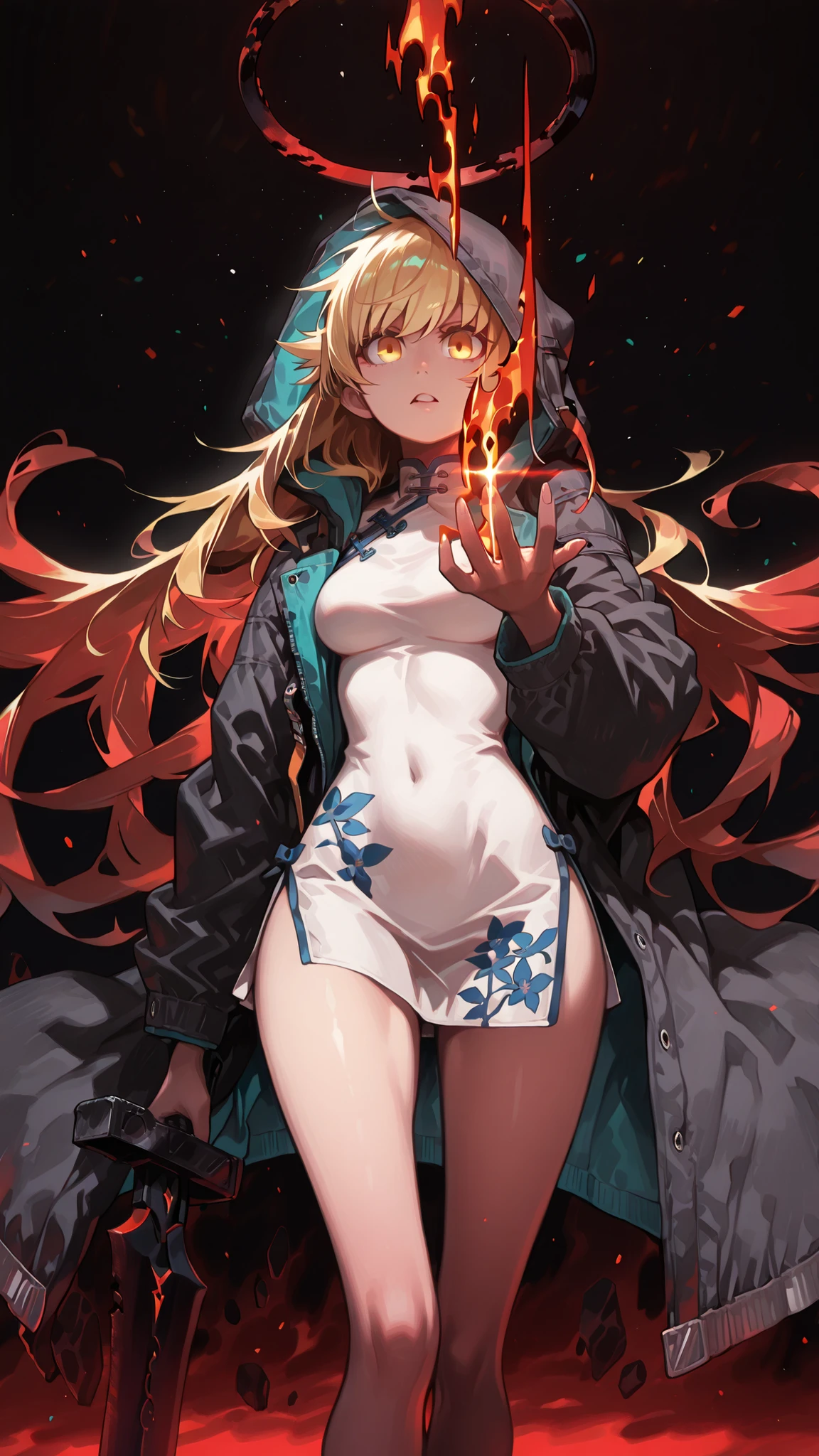 Alone, 1 girl, solitary female character, a young teenager about 1.5 meters tall. She stands alone against a deep black background, making her stand out vividly. Her physique and height are exactly like Terakomari Gandesblood from The Vexations of a Shut-In Vampire Princess.
She has long, blonde hair, styled the same way as Oshino Shinobu from the Monogatari Series. The inner part of her hair is red. Her hair is styled in the Shikei style. Golden eyes.
Clothing:
She wears a white Chinese dress that reaches mid-thigh. Her thighs and legs are exposed. The most striking detail is her black coat with blue accents—identical in every aspect to Amiya's coat in Arknights: the same fabric, cut, blue details, length, hood design, zippers, and proportions (but entirely white).
Pose and Expression:
Black background, sensual pose, wide hips, medium breasts, slim waist, petite body. She is a young woman conjuring a large red flame with black details in one hand while holding an immense black sword with a red blade in the other. The enormous sword appears to be made of stone, with several cracks along its wide, heavy blade, from which condensed energy radiates. The energy visibly flows from the cracks in the massive sword. In her left hand, she conjures a large red flame with black details.
Atmosphere and Style:
Youthful energy. Ultra-detailed, sharp, clean anime style. Deep black background with cinematic lighting emphasizing her short stature and powerful aura. Perfect image, perfect face, perfect eyes, Bleach Style / (Tite Kubo).