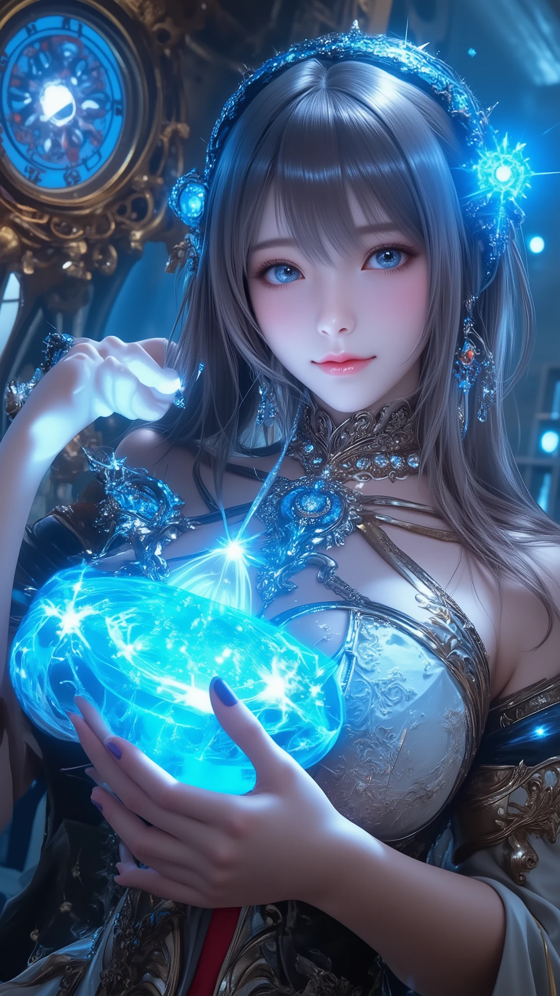 (absurderes、hight resolution、ultra-detailliert)、1womanl、a matural female、age: 18 years old、long hair with twin tails、Light blue hair、Emerald gentle eyes、A smile with the corners of the mouth slightly raised、bangss、long-sleeve、finely eye and detailed face、extremely detailed CG unified 8k wallpaper、intricate-detail、(Style - Swirl Magic:1.0)、Look at viewers、独奏、The upper part of the body、细致背景、a closeup、A detailed face、(Gothic Dark Ages theme:1.1)、Crystal Sorcerer、dynamicposes、 earth themed clothes、crystal crown、Floating in mid-air、Glowing magic shards、Blue Magic Crystal、terrane、stalactites、magical floating particles、Crystal Glass、Crystal Sphere、crystal canyon background、(shallow water:0.7)、epic ethereal atmosphere、Updraft、、portraitures