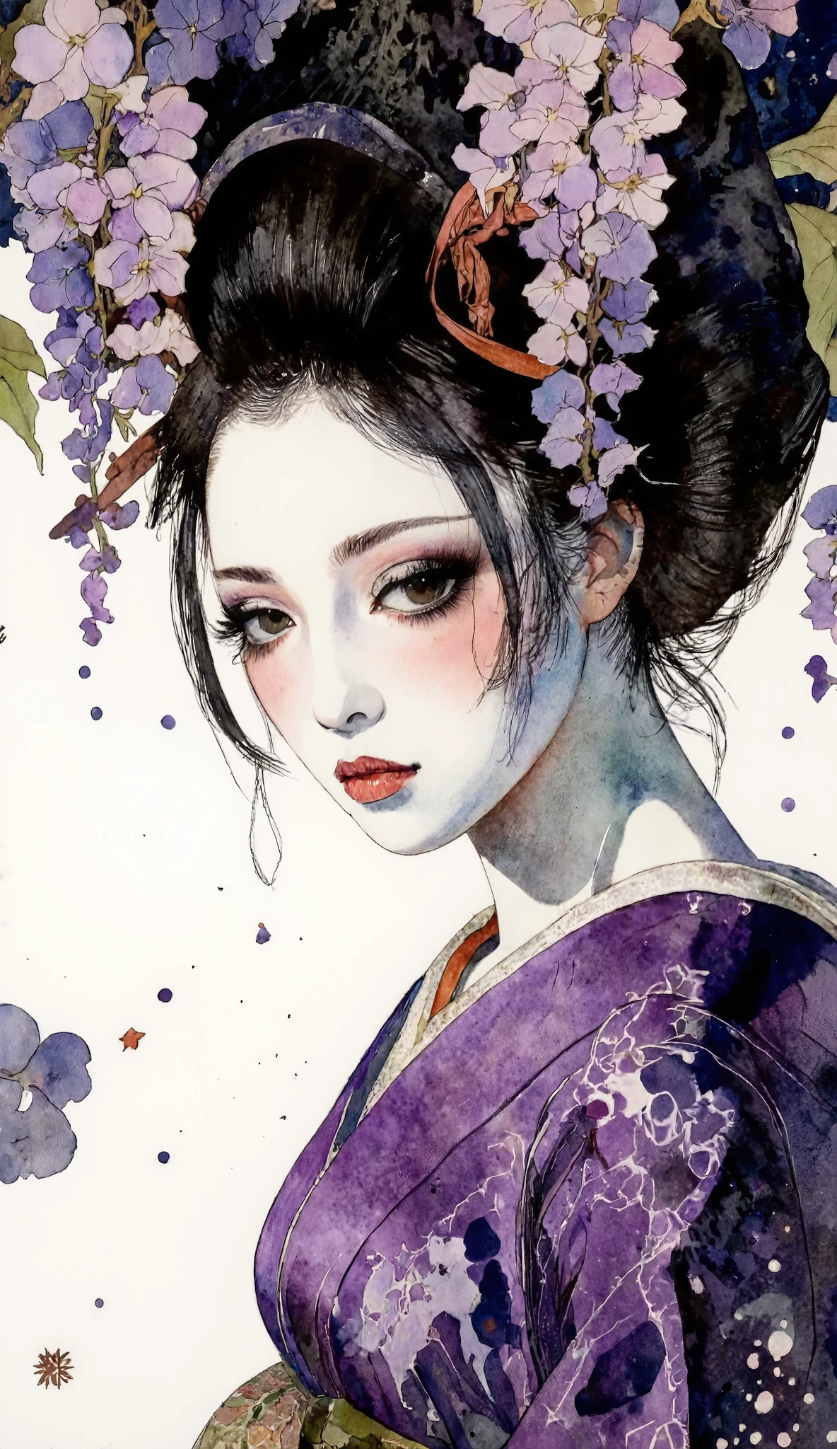 Watercolor Painting,1 mysterious beautiful woman,Beautiful movie actress,A bewitching, wickedly seductive,dynamic pose,from side,solo,Femme fatale,dynamic pose,dynamic angle,wearing purple kimono,forcus face,black hair,Her shadow in the white background, wisteria in bloom
the depiction is detailed. Themes of eros,A work themed around the Queen of the Night, semi realistic shadow,Watercolor Painting Colors,painted with a combination of sumi-e ink and soft watercolor washes,Brush-drawn lines and watercolor hues, delicate shadows and floating mist, serene yet eerie expression, subtle hints of darkness around her, ethereal and haunting, traditional Japanese aesthetics, high-detail brushwork,Simple yet powerful brushstrokes, evoking wabi-sabi and a distinctly Japanese aesthetic sensibility,Shading techniques with a strong emphasis on light and shadow,Gustav Klimt art style,art poster,characterized by a beautiful composition mindful of the golden ratio and Art Deco style. Its surrealism and illustration are distinguished by backgrounds rendered in a sharp, refined, and meticulous pointillist technique. Emphasis is placed on powerful lines, expressive facial details, and a dynamic composition with striking angles.
,Aquirax Art by Akiya Kageichi,oiran