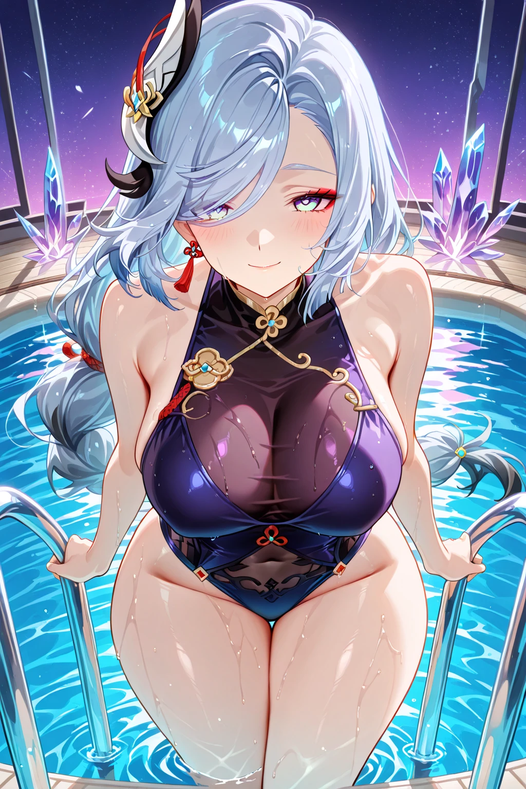 ,,Masterpiece,Best quality,very aesthetic, absurdres,incredibly absurdres,AI-Enhanced Hyper-Realistic CG, Honjou Raita&zton&dibi.
 1girl, artoria pendragon \(lancer alter\) \(royal icing\) \(fate\), fate/grand order. 
pov,, from ,big ,
,,Trembling, wet,
night pool.