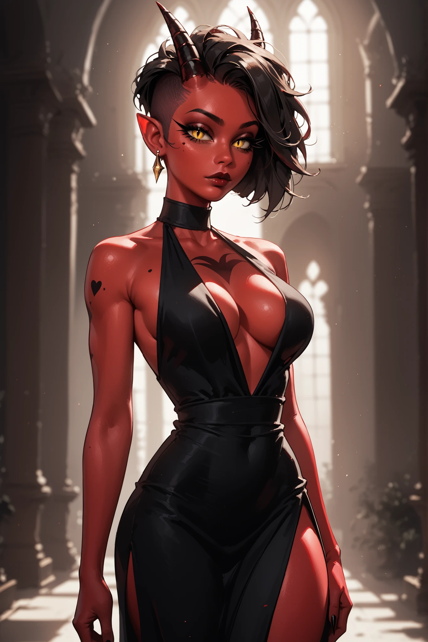 Millie, long hair, undercut hairstyle,
score_9, score_8_up, score_7_up,
((red skin)), colored skin, (small black demon horns), curved back horns, glowing yellow eyes, perfect eyes,
cleavage, perfect , dress, long dress, thigh slit dress,