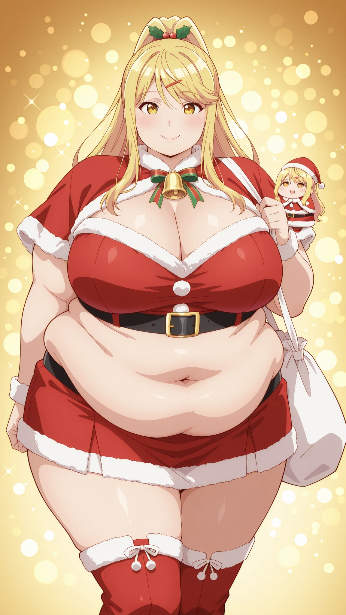 obese,fat,plump,WeightObese,score_9, source_anime, Himari Ishikura, Alone, bangs, blonde hair, hair ornament, yellow eyes, ponytail, hair clip, high ponytail, Big breasts, hair ties, (the best quality), (high quality), {Masterpiece}, extremely delicate and beautiful, ultra detailed, beautiful and detailed eyes , smiling dressed in a Christmas outfit in the style of Santa Claus. She wears a red top with white plush edges, a red miniskirt decorated with snow and a black belt with a green and red ribbon with a small gold bell. She also wears a Santa hat with a white pompom and a large white bag over her shoulder. In her hair she has a Christmas ornament with red and green ribbons and holly leaves. She wears red boots with white ornaments.The background is full of bright and blurry lights (bokeh) in golden tones, yellow and red, that create a festive and warm atmosphere typical of Christmas.