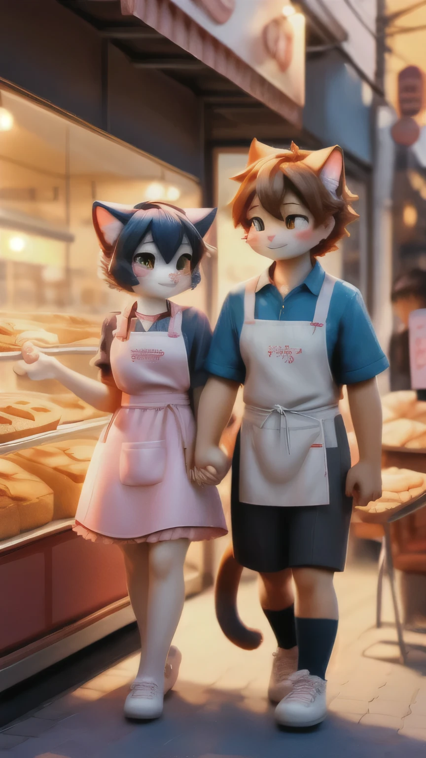 Handsome cat boy、cute cat girl、couple、apron visible from the outside、holding hands、 Bakery Background 