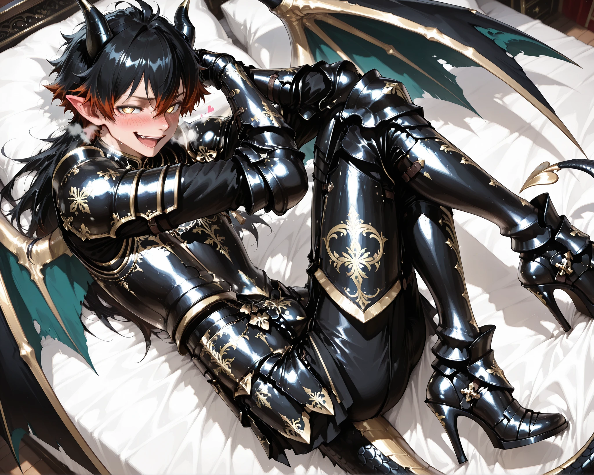 score_9, score_8_up, score_7_up, absurdres, (((128K Ultra High Resolution))), (masterpiece, best quality: 1. 5), (high definition: 1. 4), (highres), 8K wallpaper, (excellent graphics: 1. 5), CG, (((Japanese Anime style))), (1 male), solo, ((lean body, masculine)), weredragon, glossy black, shiny black leather, (((beautiful golden eyes, finely detailed eyes, bright eyes, heart symbol eyes))), hair between eyes, black hair, long hair, sideburns, wild hair, (((sadistic smile, naughty face, open mouth))), ((ultra detailed face)), (((blushing, heavy breathing))), shiny skin, long pointy ears, twisted torso, long-legged, sculpted face, wasp waist, dragon horn, dragon tail, dragon wings, dragon sharp claws, (black armor with a lot of grandiose decorations: 1. 5), half dragon half human, (on a luxurious bed, lying in bed, bed waiting for you: 1. 5), (looking straight into the camera, dutch angle, fetal pose: 1. 5), (ultra detailed black armor, well-polished black armor: 1. 5), (gold-adorned armor: 1. 5), all black outfit, full body, sharp focus, good-looking man, (best illustration, highly detailed artwork: 1. 5), (intricate detail, extreme detailed, super detailed: 1. 5), chiseled features, (stark contrast, heavy shadows: 1. 3), ((detailed black decorations)), beautiful & aesthetic, photoreal, (((from above))), (mysteriously crafted black metal armor: 1. 5), thick & luxuriant hair, (ultra detailed fantasy black armor, wonderful black armor: 1. 5), (realistic metal texture), broad shoulder, true-to-life visuals, artistically refined, (extremely delicate & beautiful armor, elaborate armor details: 1. 5), (giant black armor, dark armor, stylized armor: 1. 5), (((armor-type high heels))), (extremely detailed armor with intricate engravings, intricate armor with gold ornaments: 1. 5), ((very gorgeous and dazzling)), (dark fantasy black knight: 1. 5), slim waistlines, wide chested, sinewy body, (Hyper Detailed & Perfectly Designed Black Armor: 1. 5), (luxury bedroom)