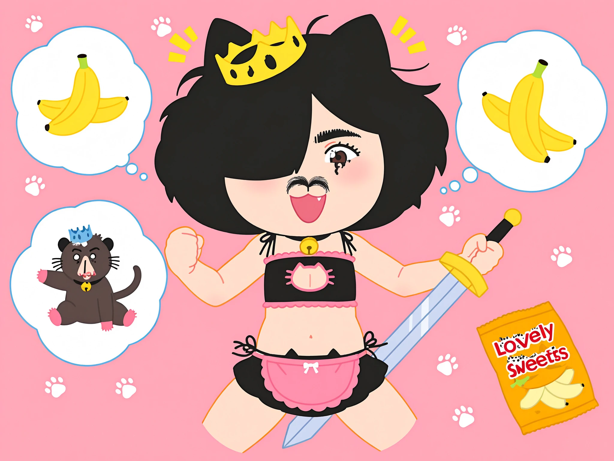 sfw, card \(medium\), 1girl, solo, loli, round face, 10’s, school student, immature, petite, short, cat girl, cat ears, cheerful, neck bell, fang, brown eyes,reflected light in eyes, black hair, short hair, straight hair, hair over one eye, messy hair, burnt bangs, cleavage, delicate shoulders, flat chest, asian body, narrow waist, narrow hips, with (pet male Opossum, broken crown), happy,
happy,
realistic irises, multi-layered irises, reflected light in eyes,
dreamy atmosphere, soft focus, bloom, pastel tones, light haze, hard shadows, narrow palette, soft bokeh,
blush, relax face, (moist eyes:1.2), laughing, notice line, happy aura,
thought bubble, (banana;1.0),
(lovely Sweets girl), (sweet cat lingerie,bra, cat panties,neck bell),black underwear, pastel colors, lots of ribbons, bows, frills, mini skirt, short skirt, pink apron, bow, navel,
stuffed toys,
standing, spread legs, holding a sword in a ready stance, focused expression, wind blowing hair, Sweets,
imagining, (nostrils, nose hair, Inside a giant nose), giant Black-Capped Capuchin monkey sailor boy,
in motion, motion blur, dynamic pose, dynamic action,
lots of stuffed toys, lots of chips,
from front, from above, from front, front view, face focus, portrait, face close up,
title (Sweets girl),
simple background, pink background, paw print background, wide nose, green boogers, print background, drop shadow, blue-gary bold border, out of framed,
cropped torso,
watercolor:1.3, pastel color:1.3, highest quality, UHD, retina, masterpiece, accurate , super detailed, high quality, best quality, 8k,
detailed background, perfect eyes, detailed eyes, (masterpiece, detailed:1.2), ((high_quality)), ((Super_Detailed)), dynamic angle,
exaggerated eyebrows, expressive eyebrows, curved eyebrows, black eyebrows, eyebrow focus, eyebrow expression, stylized eyebrows, girl with heavy eyebrows, girl with bushy eyebrows, unibrow girl