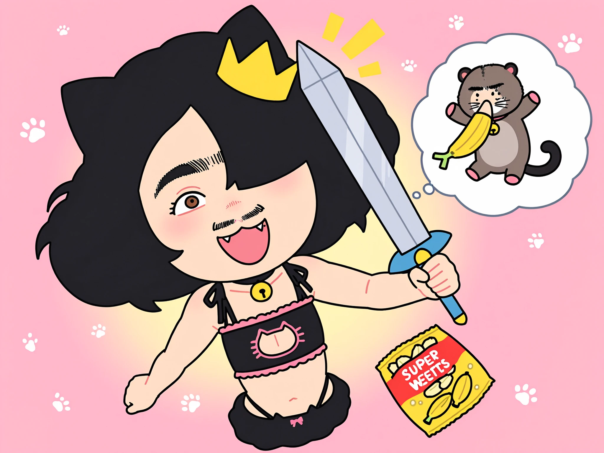 sfw, card \(medium\), 1girl, solo, loli, round face, 10’s, school student, immature, petite, short, cat girl, cat ears, cheerful, neck bell, fang, brown eyes,reflected light in eyes, black hair, short hair, straight hair, hair over one eye, messy hair, burnt bangs, cleavage, delicate shoulders, flat chest, asian body, narrow waist, narrow hips, with (pet male Opossum, broken crown), happy,
happy,
realistic irises, multi-layered irises, reflected light in eyes,
dreamy atmosphere, soft focus, bloom, pastel tones, light haze, hard shadows, narrow palette, soft bokeh,
blush, relax face, (moist eyes:1.2), laughing, notice line, happy aura,
thought bubble, (banana;1.0),
(lovely Sweets girl), (sweet cat lingerie,bra, cat panties,neck bell),black underwear, pastel colors, lots of ribbons, bows, frills, mini skirt, short skirt, pink apron, bow, navel,
stuffed toys,
standing, spread legs, holding a sword in a ready stance, focused expression, wind blowing hair, Sweets,
imagining, (nostrils, nose hair, Inside a giant nose), giant Black-Capped Capuchin monkey sailor boy,
in motion, motion blur, dynamic pose, dynamic action,
lots of stuffed toys, lots of chips,
from front, from above, from front, front view, face focus, portrait, face close up,
title (Sweets girl),
simple background, pink background, paw print background, wide nose, green boogers, print background, drop shadow, blue-gary bold border, out of framed,
cropped torso,
watercolor:1.3, pastel color:1.3, highest quality, UHD, retina, masterpiece, accurate , super detailed, high quality, best quality, 8k,
detailed background, perfect eyes, detailed eyes, (masterpiece, detailed:1.2), ((high_quality)), ((Super_Detailed)), dynamic angle,
exaggerated eyebrows, expressive eyebrows, curved eyebrows, black eyebrows, eyebrow focus, eyebrow expression, stylized eyebrows, girl with heavy eyebrows, girl with bushy eyebrows, unibrow girl