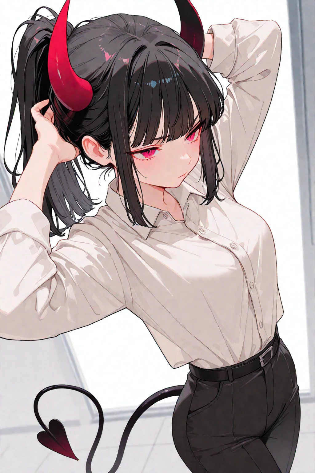 underdressing，Expression of disgust，Expression of disgust，Red Eyes，Sweat，Soaked，liquid，，Cropped tops，succubus，pink，stocking，grid，Glasses，Black pantyhose
