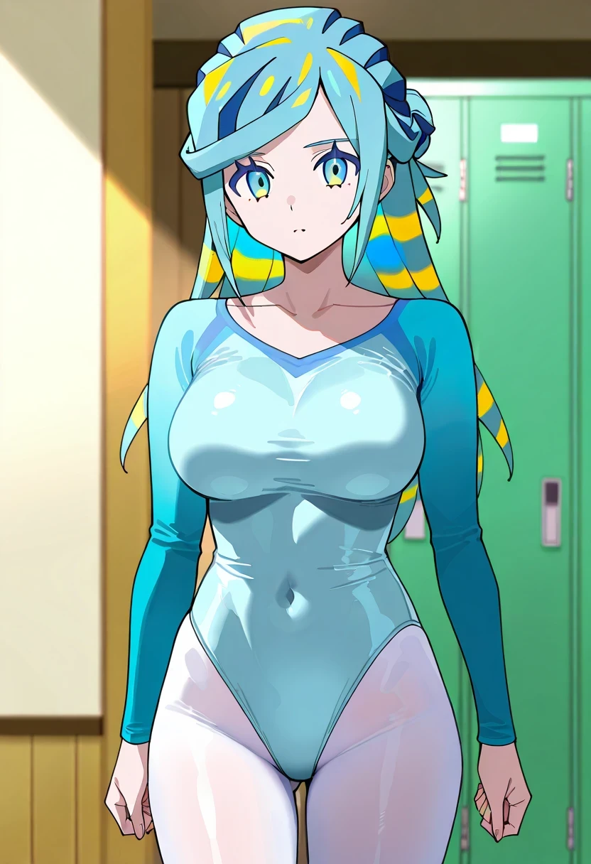 score 9 、score 8 up、score 7 up、傑作、best quality、best resolution、best image quality、anime coloring、anime screencap、anime screenshot、<lora:pokemon_grusha_ponyXL:0.8>、1woman、pokemon grusha、solo、long hair、aqua eyes、ice blue hair、ice green hair、aqua hair、multicolored hair、single hair bun、eyelashes、half up hair、big breasts、very large breasts、large boobs、collarbone、((light blue leotard、gymnastics leotard))、simple leotard、 basic leotard、athletic leotard、training leotard、plain leotard、no underwear、beige pantyhose、The collar of the leotard is a U neck、really、anime beautiful female、anime cool female、The leotard has long sleeves、The lower half of the leotard is high leg cut、tight leotard、tight-fit leotard、athlete leotard、thin、slender body、pantyhose with an beige、slim、locker room、gymnastics athlete、toned body lady、standing、looking at viewer、cowboy shot、(female body:1.5)、
