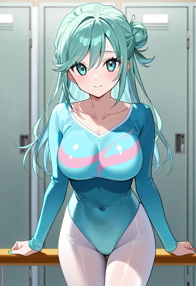 score 9 、score 8 up、score 7 up、傑作、best quality、best resolution、best image quality、anime coloring、anime screencap、anime screenshot、<lora:PokeBoyGrushaXL_Exotica:0.8>、1woman、solo、long hair、aqua eyes、ice blue hair、ice green hair、aqua hair、multicolored hair、single hair bun、eyelashes、half up hair、big breasts、very large breasts、large boobs、collarbone、((light blue leotard、gymnastics leotard))、simple leotard、 basic leotard、athletic leotard、training leotard、plain leotard、no underwear、beige pantyhose、The collar of the leotard is a U neck、really、anime beautiful female、anime cool female、The leotard has long sleeves、The lower half of the leotard is high leg cut、tight leotard、tight-fit leotard、athlete leotard、thin、slender body、pantyhose with an beige、slim、locker room、gymnastics athlete、toned body lady、standing、looking at viewer、cowboy shot、(female body:1.5)、