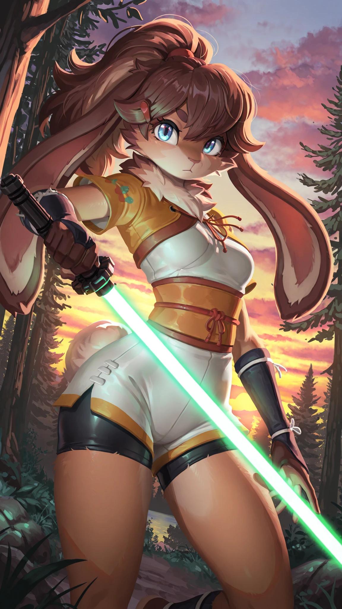 masterpiece, best quality, amazing quality, very aesthetic, high resolution, ultra-detailed, absurdres, newest, scenery, 1girl, rabbit, furry female, blue eyes, looking at the viewer, tail, small , thighs, , female focus, contrast lighting, side lighting, masterpiece, best quality, newest, absurdres, highres, amazing quality, very aesthetic, forest setting, cute eyes, no lineart, cinematic, dynamic angle, solo, sunset, ambient lighting, long hair, brown hair, ponytail, svlop, hair ornaments, body fur, obi, shorts, bike shorts under shorts, solo, (holding_green_lightsaber), dynamic pose, (dynamic angle), (front view)