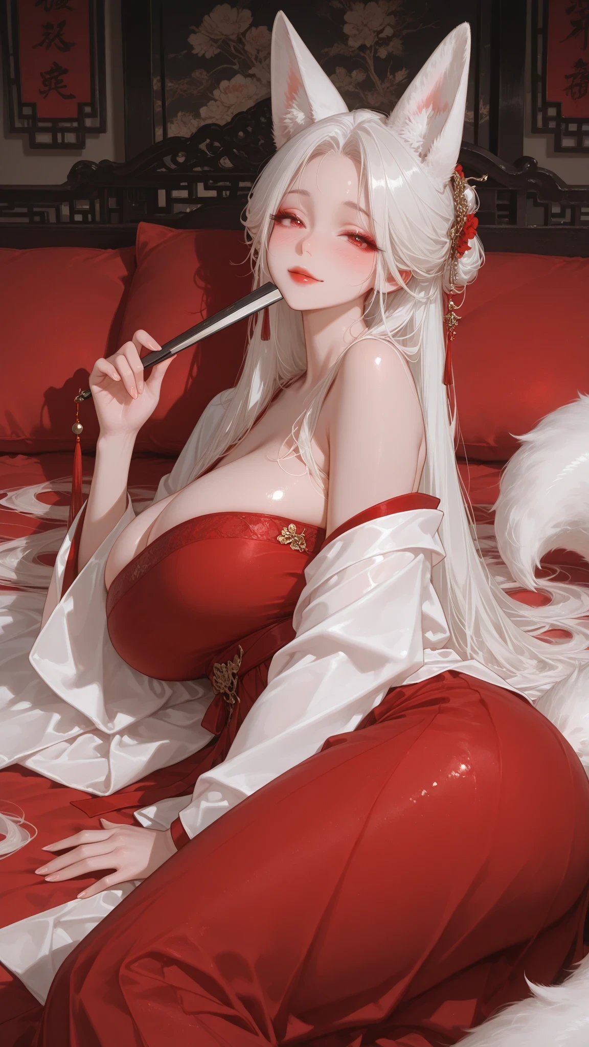 fox girl, kemonomimi, white fox ears, white hair, long hair, straight hair, parted hair, updo, parted hair, hair strand, red eyes, long eyelashes, big beautiful eyes, Hanfu robe, white robe, tow-toned dress, red dress, long sleeves, flowing sleeves, young girl, white tail, huge breasts, huge hips, curvy, slender waist, look at viewer, hand fan, torogao, Gentle female, smiling, close mouth, red lips, Thin lips, off shoulders, lying on side, red bed, Chinese room, blush, breathe heavily, close mouth
1girl, solo, beautiful girl, UHD, masterpiece, (anatomically correct), super detail, high details, high quality, best quality, HD, 8k
